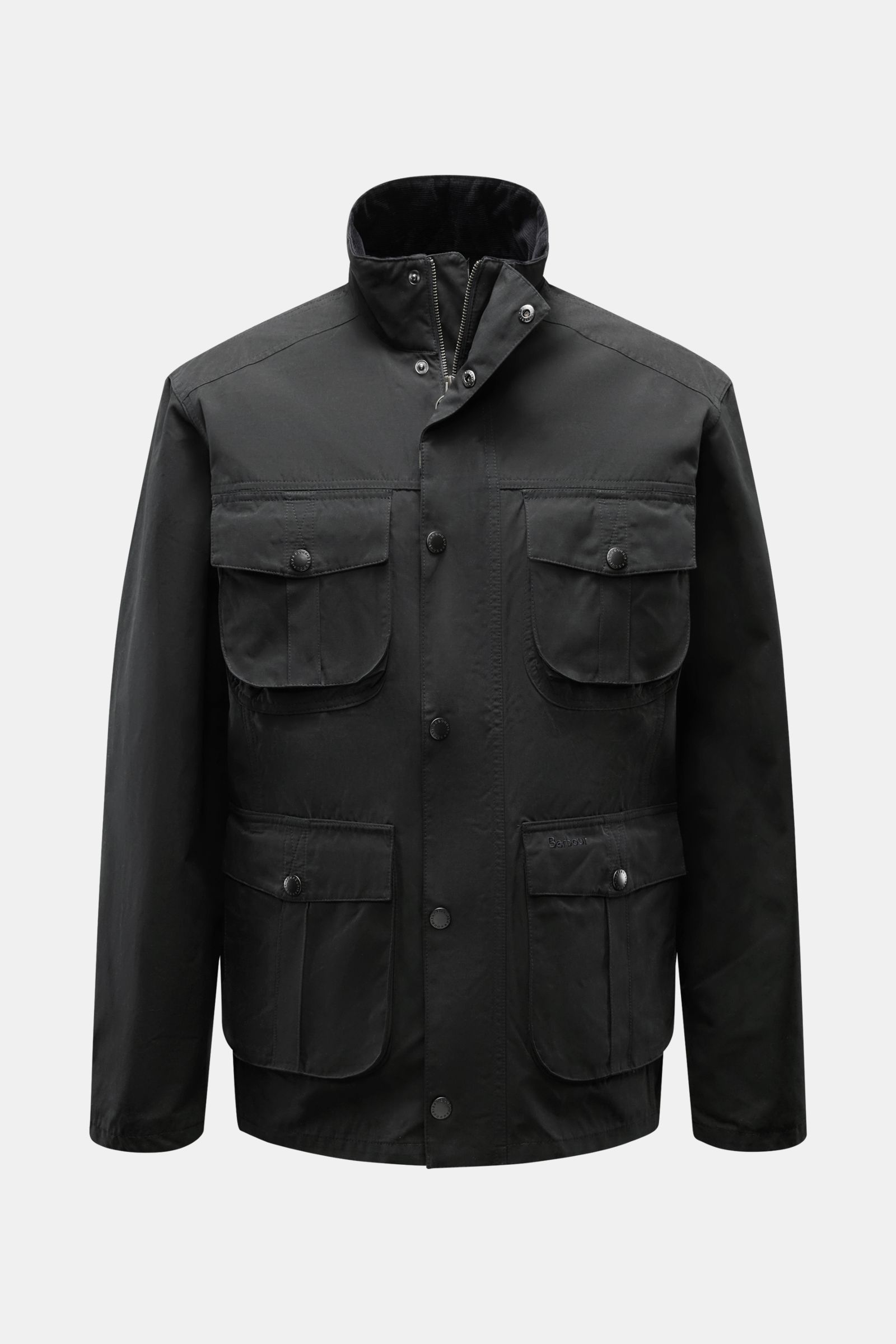 Front view of Barbour Field jacket 'Sanderling' navy, lightweight cotton-microfibre blend with four bellows pockets, corduroy collar, two-way zip, snap buttons, leather logo, and tartan lining.