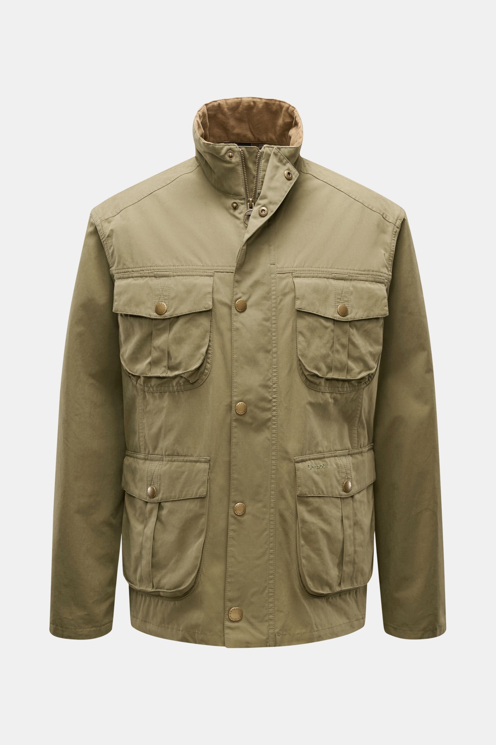 Front view of Barbour Field jacket 'Sanderling' olive, lightweight cotton and microfiber blend with four bellows pockets, two-way zip, storm flap, corduroy-trimmed standing collar, snap buttons, leather logo, and half tartan lining, designed for everyday 
