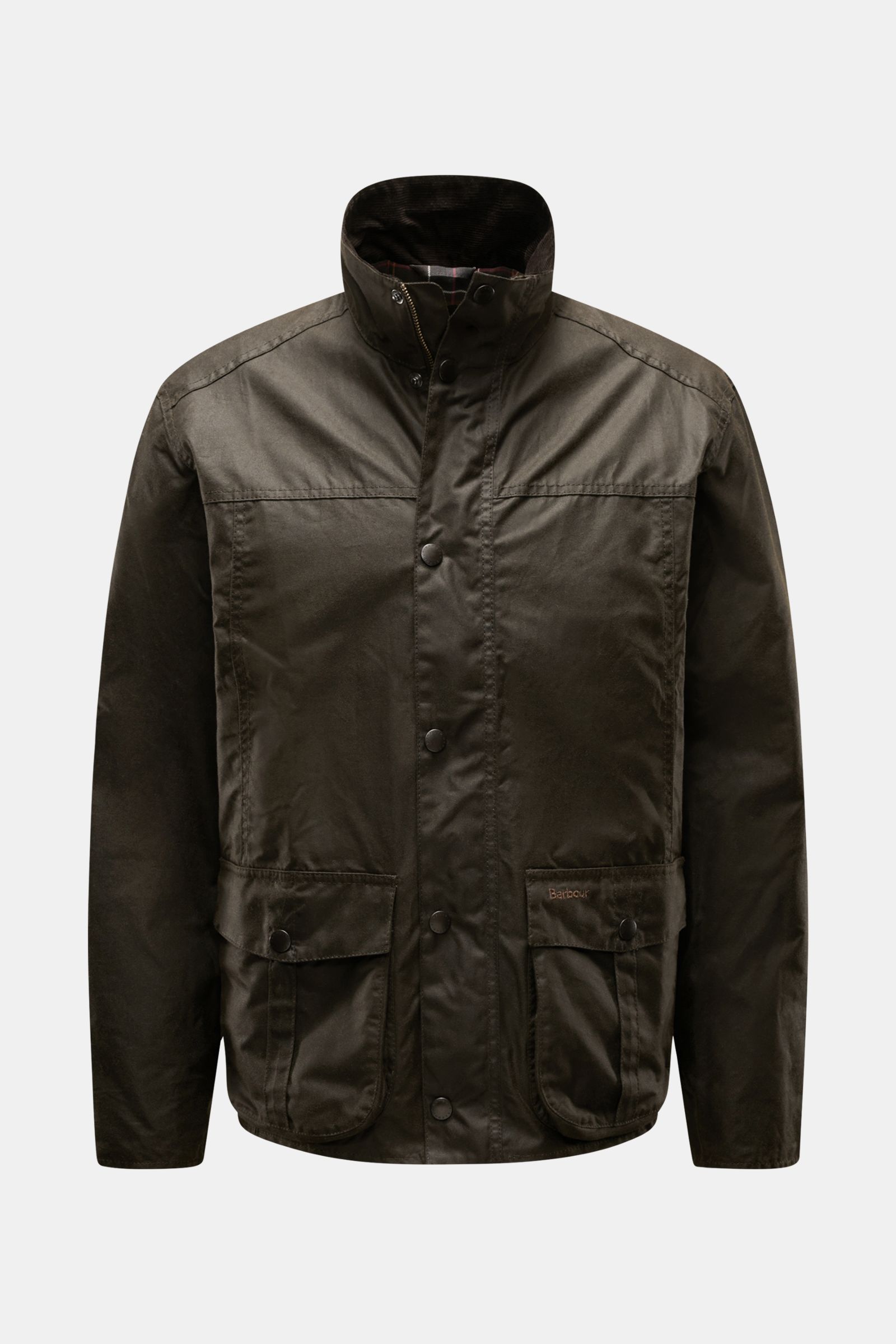 Front view of Barbour Waxed jacket 'Sander' dark olive, featuring waxed cotton, corduroy collar trim, and large buttoned front pockets.

Description: 
Protection against wind and weather in classic BARBOUR style: The waxed surface of the pure cotton ja