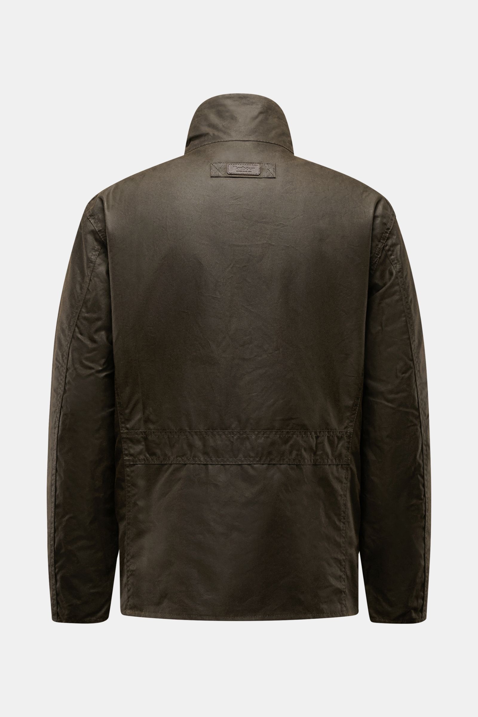 Barbour Waxed jacket 'Sander' dark olive shown from the back, featuring pure waxed cotton, water repellent, regular fit, corduroy collar trim, large patch pockets, checked lining, leather logo, inside pocket, two-way zip, and storm flap with snap buttons.