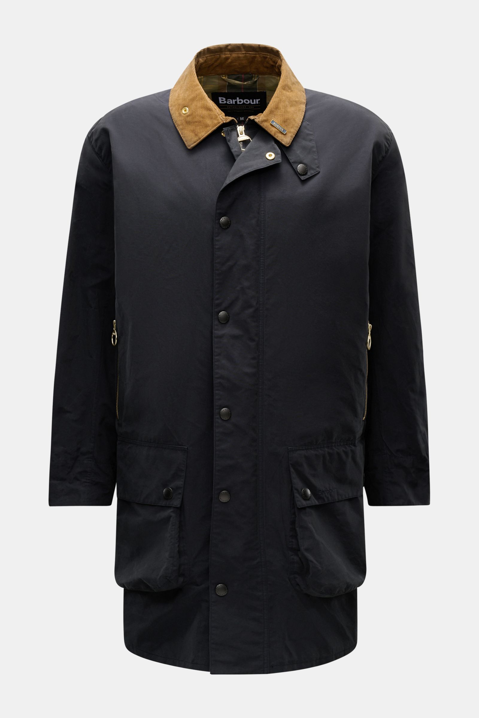Front view of Barbour Parka 'Icons Border' dark navy with brown corduroy collar, snap buttons, two-way zip, slanted zip pockets, and tartan lining. 

Description: Create classically elegant casual looks in quintessentially English style with the lightw