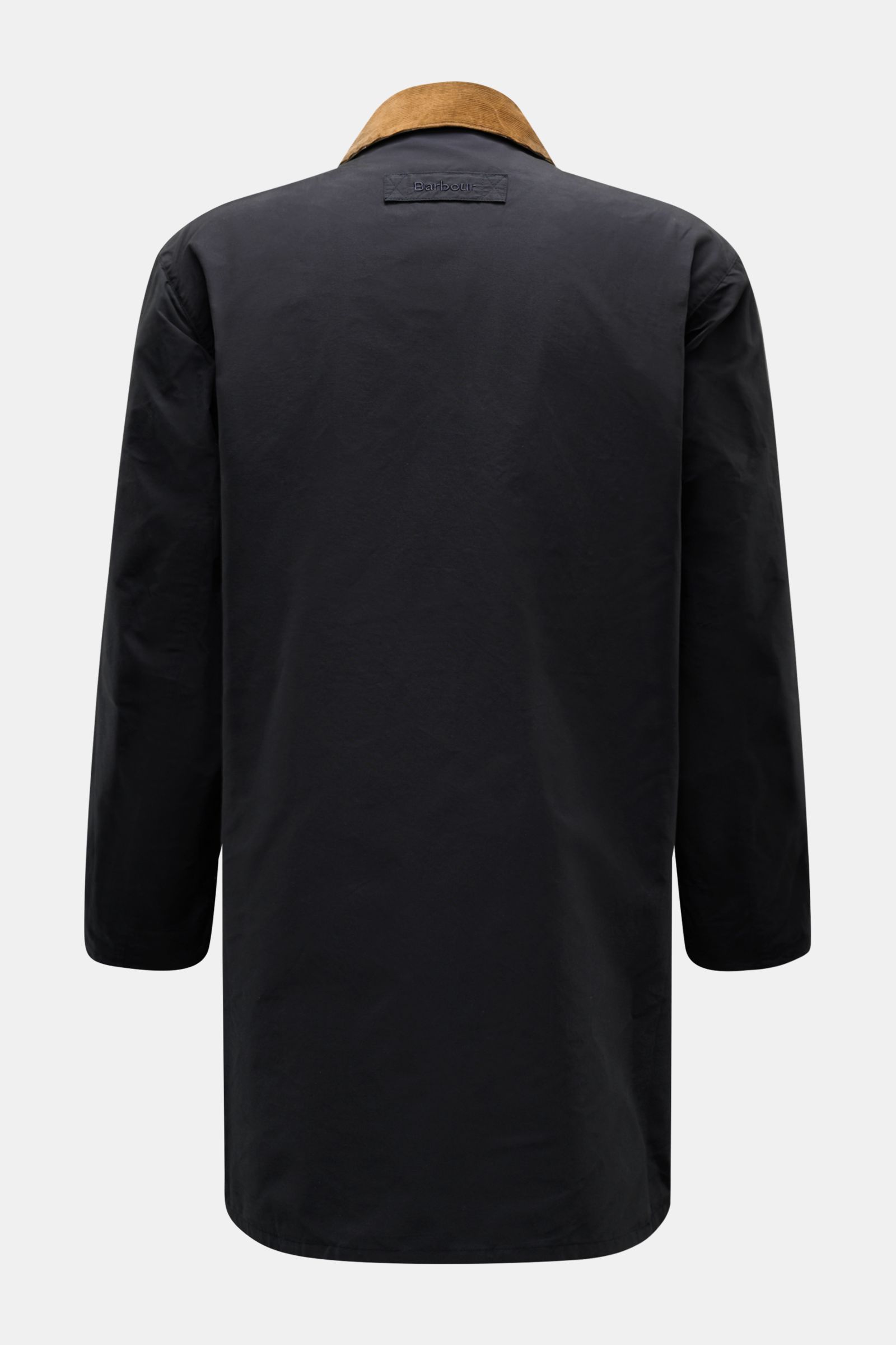 Alt tag (125 characters max):
Back view of Barbour Parka 'Icons Border' dark navy with brown corduroy collar, showcasing elegant casual spring style.

Description for context:
Create classically elegant casual looks in quintessentially English style wi