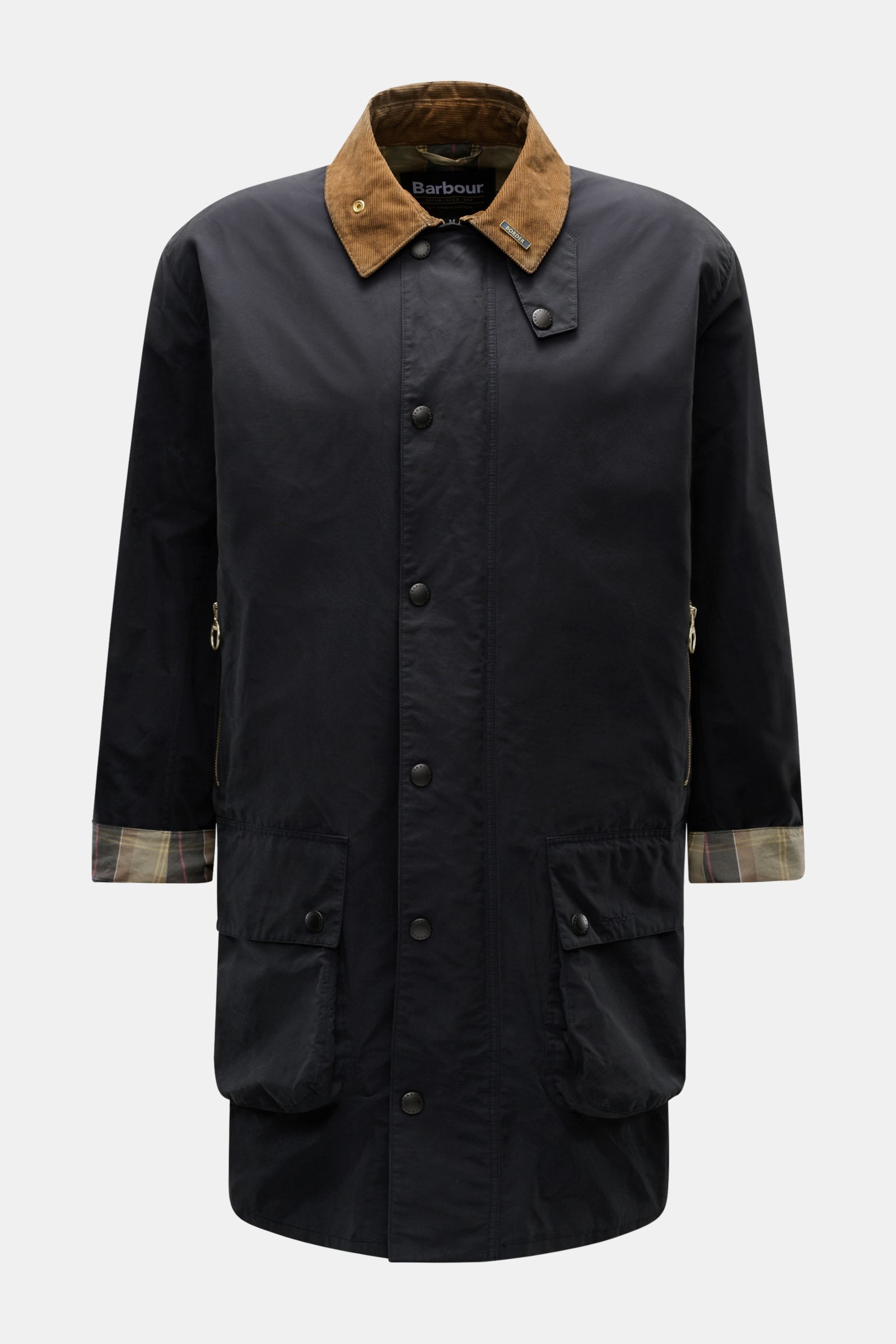 Front view of Barbour Parka 'Icons Border' dark navy with brown corduroy collar, snap buttons, multiple pockets, and tartan lining.

Description: Create classically elegant casual looks in quintessentially English style with the lightweight parka 'Icon