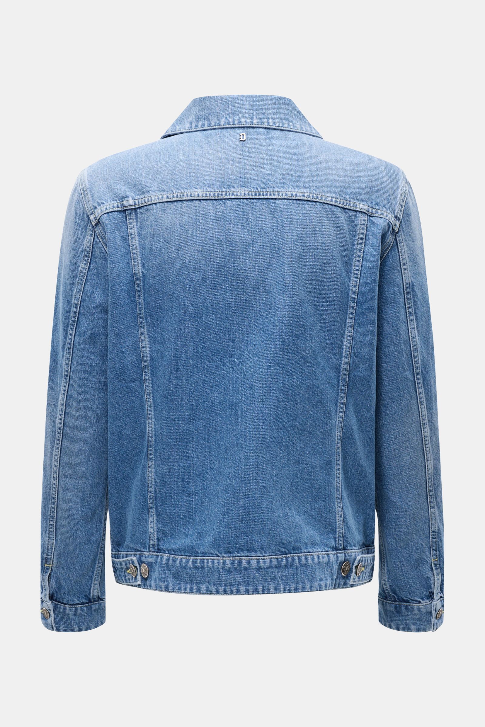 Back view of Dondup Denim jacket smoky blue in slim fit with contrasting seams, buttoned cuffs, and logo initial on pure cotton denim.

Description: Timeless denim essential: The DONDUP denim jacket is perfect for stylish casual looks this spring.
