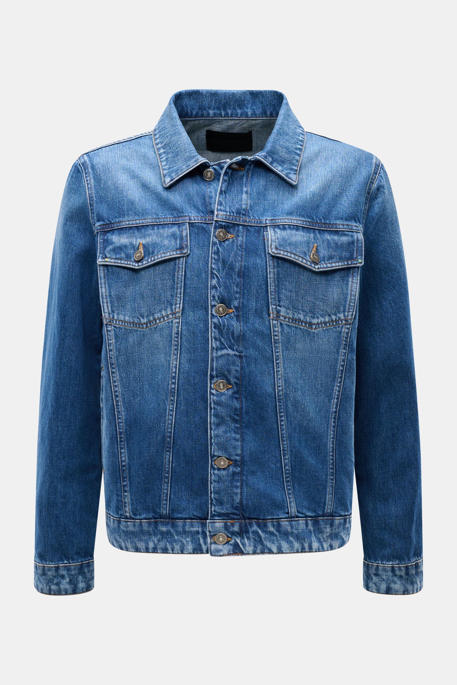 Front view of the Dondup Denim jacket blue, slim fit with six-button placket, turn-down collar, breast flap pockets, jetted slit pockets, cuffs with button, adjustable hem tab, and logo initial on the back.

Timeless denim essential: The DONDUP denim j