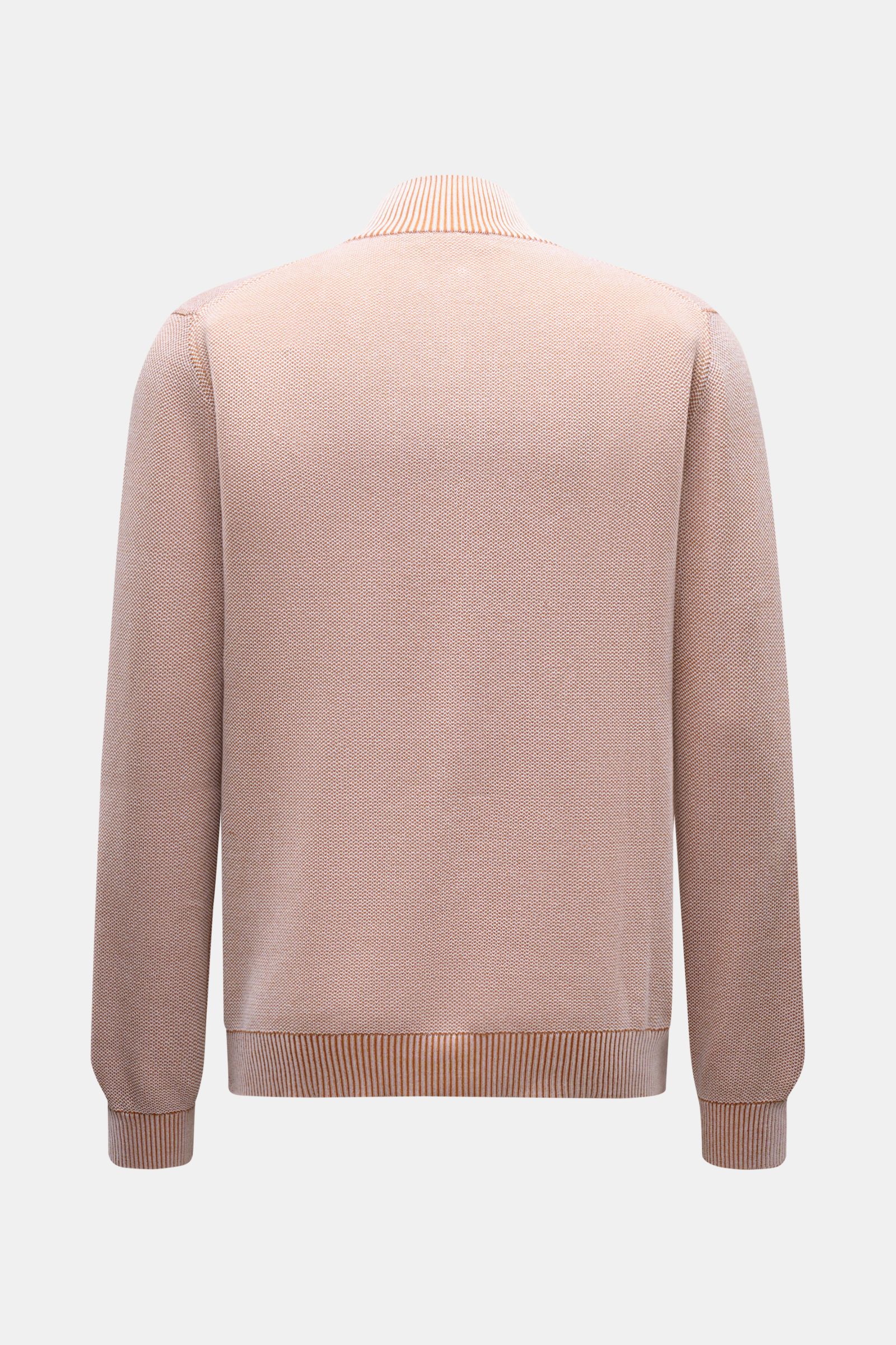 Rear view of the Moorer Cardigan 'Urbino' off-white/light brown mottled, showcasing its medium-fine knit, standing collar, and flexible ribbed bands.

Description: Confident layering: This MOORER cardigan has a clean silhouette and a timeless design th