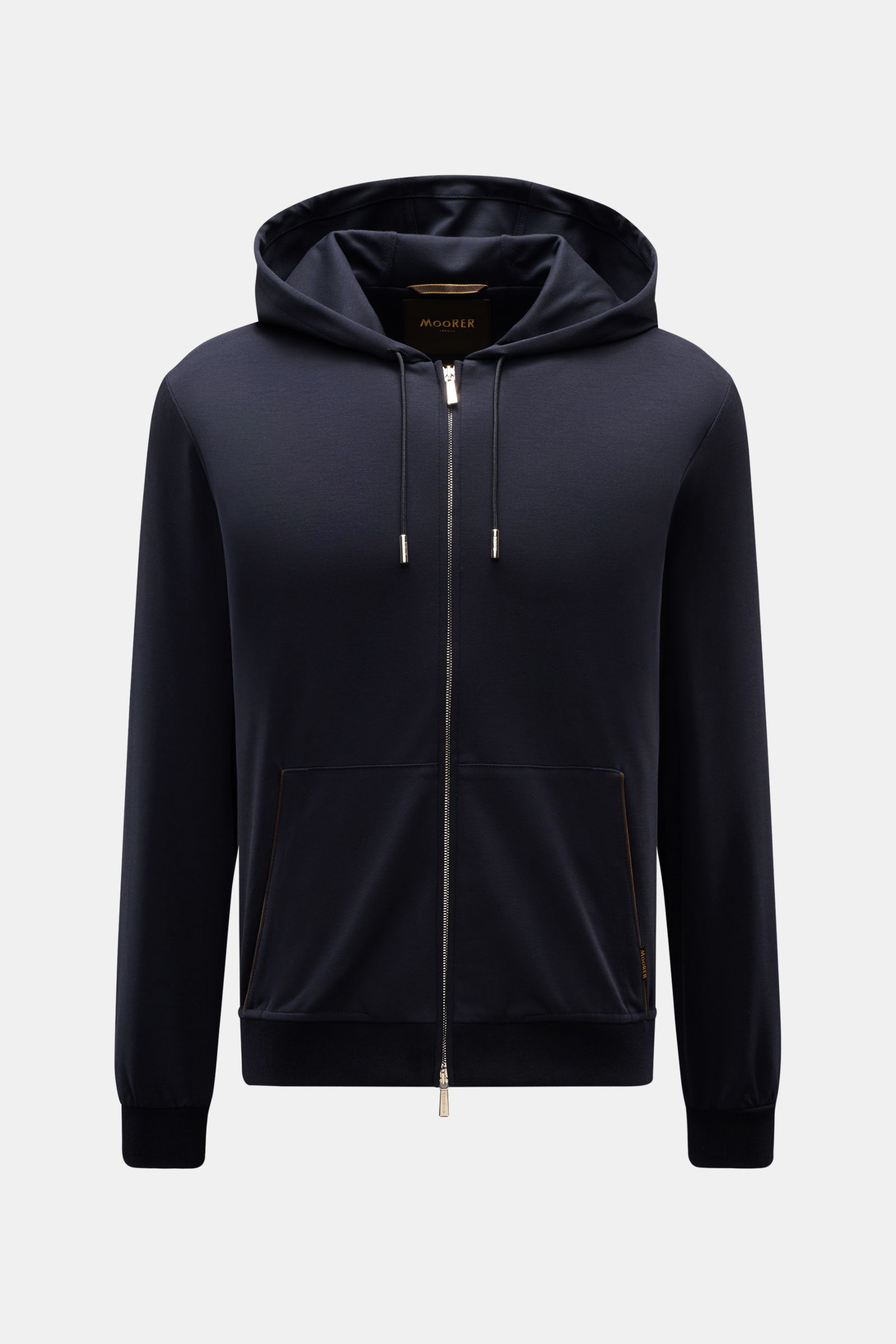 Front view of Moorer Sweat jacket 'Matthew Felpa' navy, a sporty luxury double-sided knit sweat jacket with a slim fit, two-way zip, drawstring hood, split kangaroo pocket with leather jetted edges, soft viscose and microfiber blend, very fine knit, and c