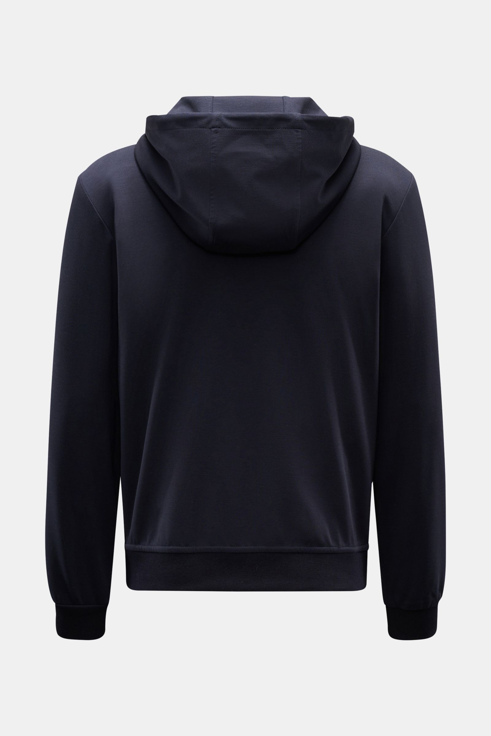 Rear view of Moorer Sweat jacket 'Matthew Felpa' navy, sporty luxury double-sided knit, soft viscose-microfibre blend, slim fit, drawstring hood, ribbed bands.