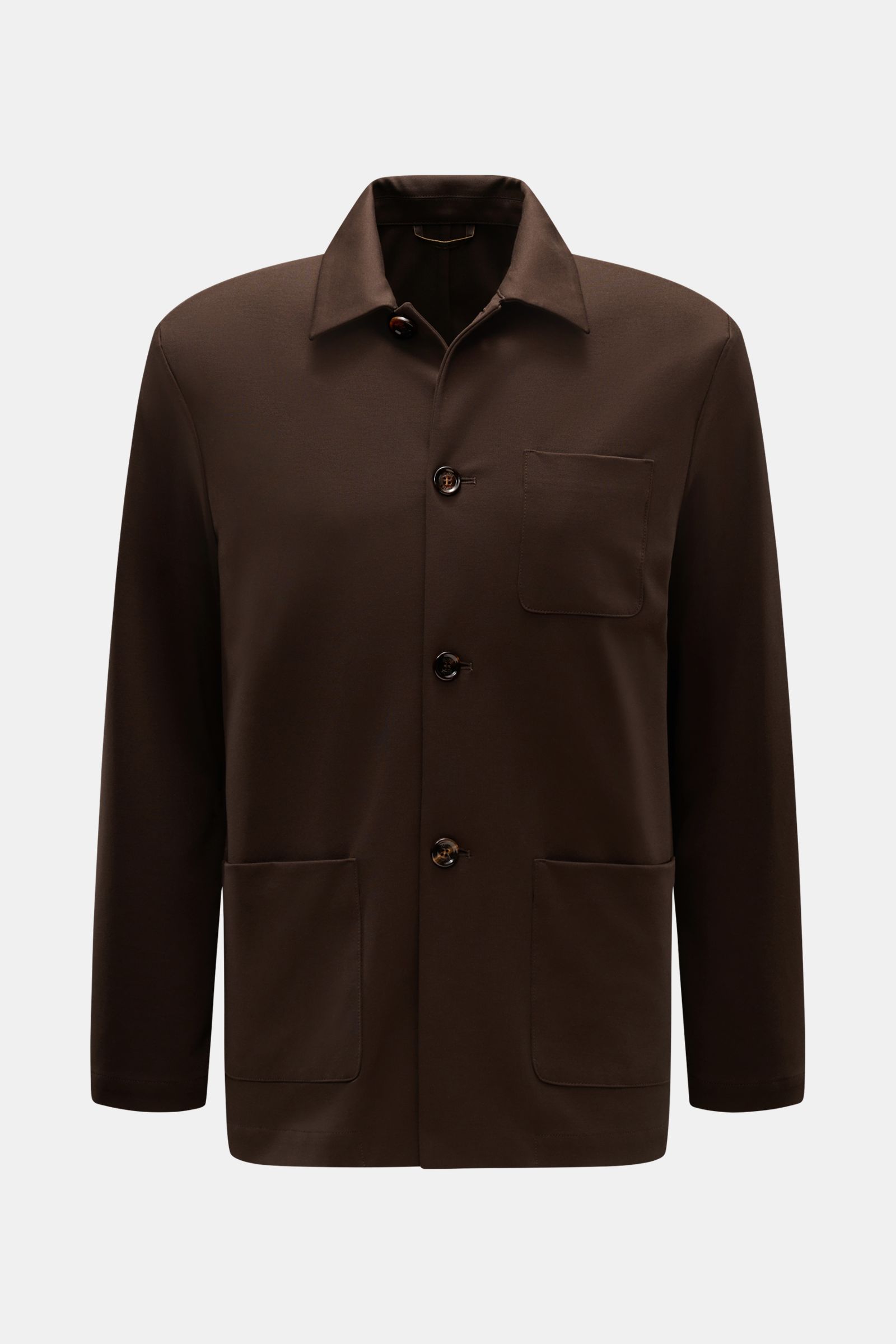 Front view of Moorer Jersey-Jacke 'Keaton' dunkelbraun, a slim fit, lightweight overshirt with a smooth feel, elastic microfiber and viscose jersey, featuring a fold-over collar, four-button placket, patch chest pocket, two front patch pockets, buttoned s