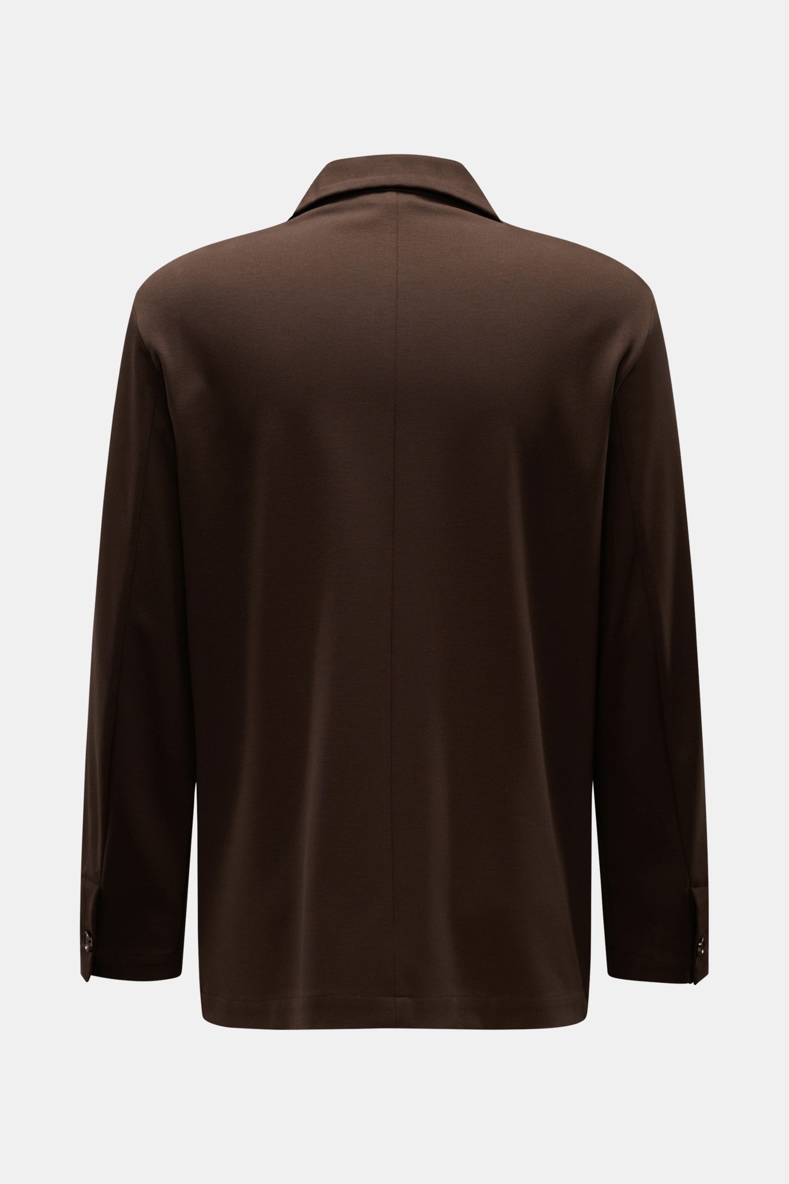 Rear view of Moorer Jersey-Jacke 'Keaton' dunkelbraun, a slim fit, lightweight overshirt-style jacket with smooth microfiber and viscose jersey fabric, featuring an unlined design, turn-down collar, four-button placket, buttoned sleeve cuffs, and patch po
