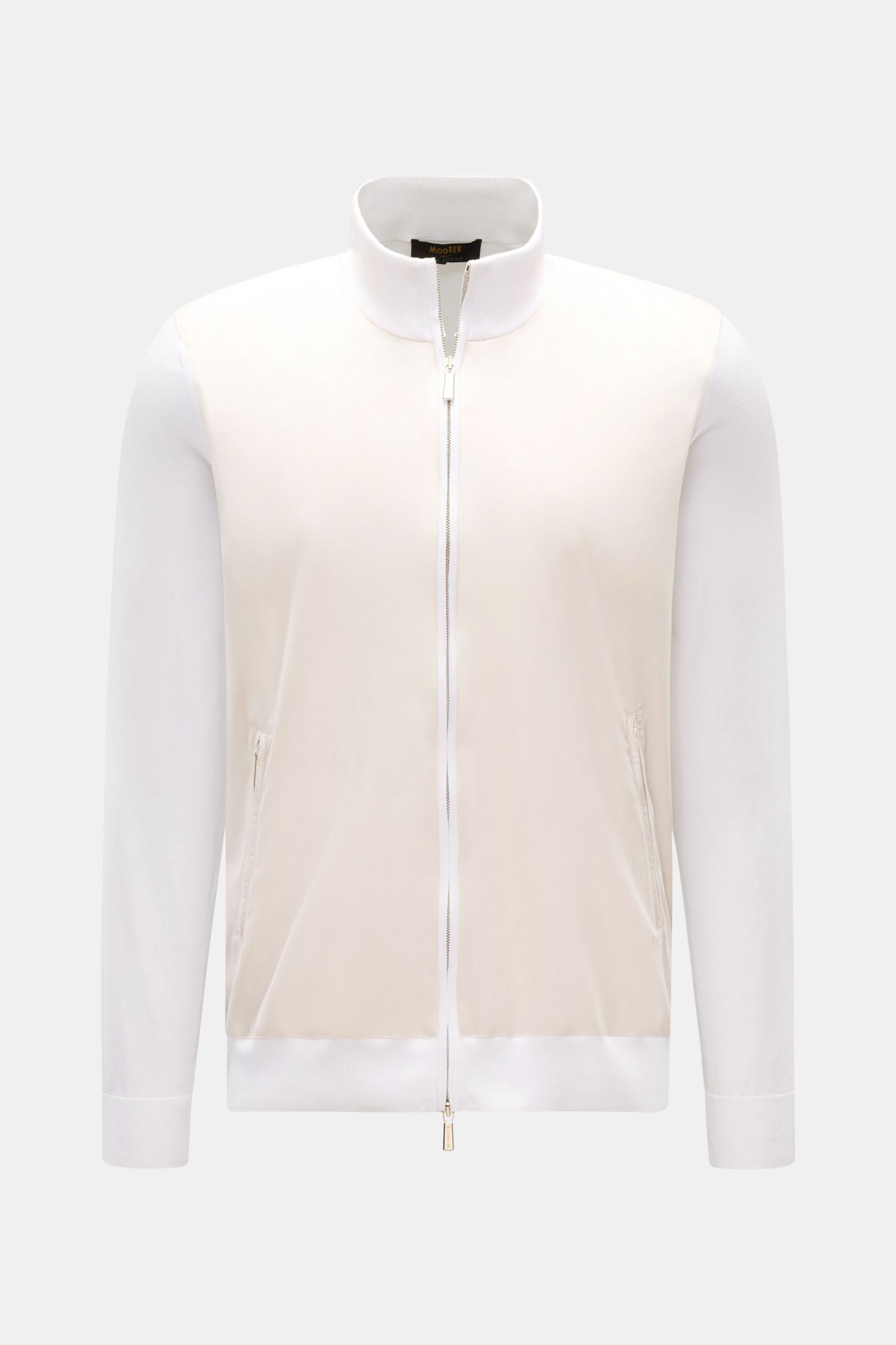 Front view of Moorer Jersey blouson 'Tolly' white/beige, sporty and elegant with twill trim, pure cotton, soft feel, slim fit, two-way zip, standing collar, zip front pockets, elastic hem and sleeve cuffs, unconstructed design.