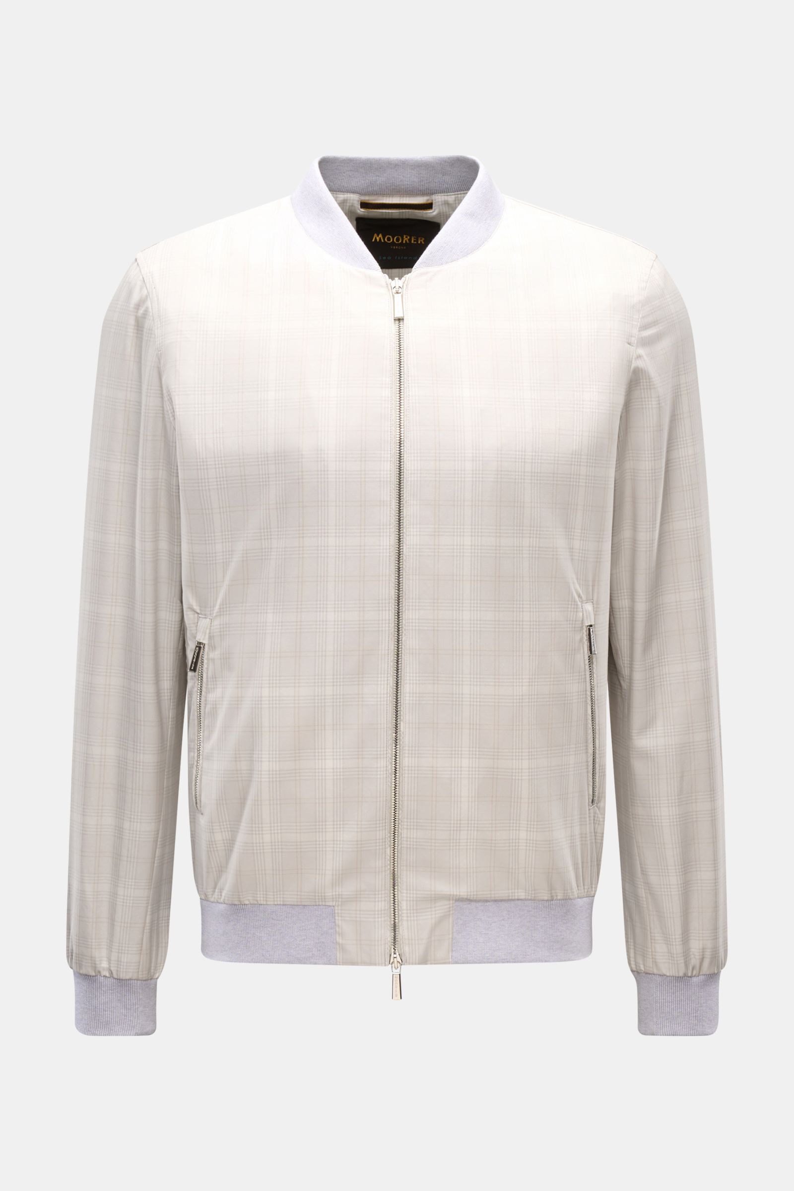 Front view of Moorer Blouson 'Sorano' light grey/beige/cream checked, a slim fit classic blouson with a two-way zip, zip front pockets, elastic hem and cuffs, soft jersey lining, and two inside pockets made of pure cotton with a soft feel and distinctive 