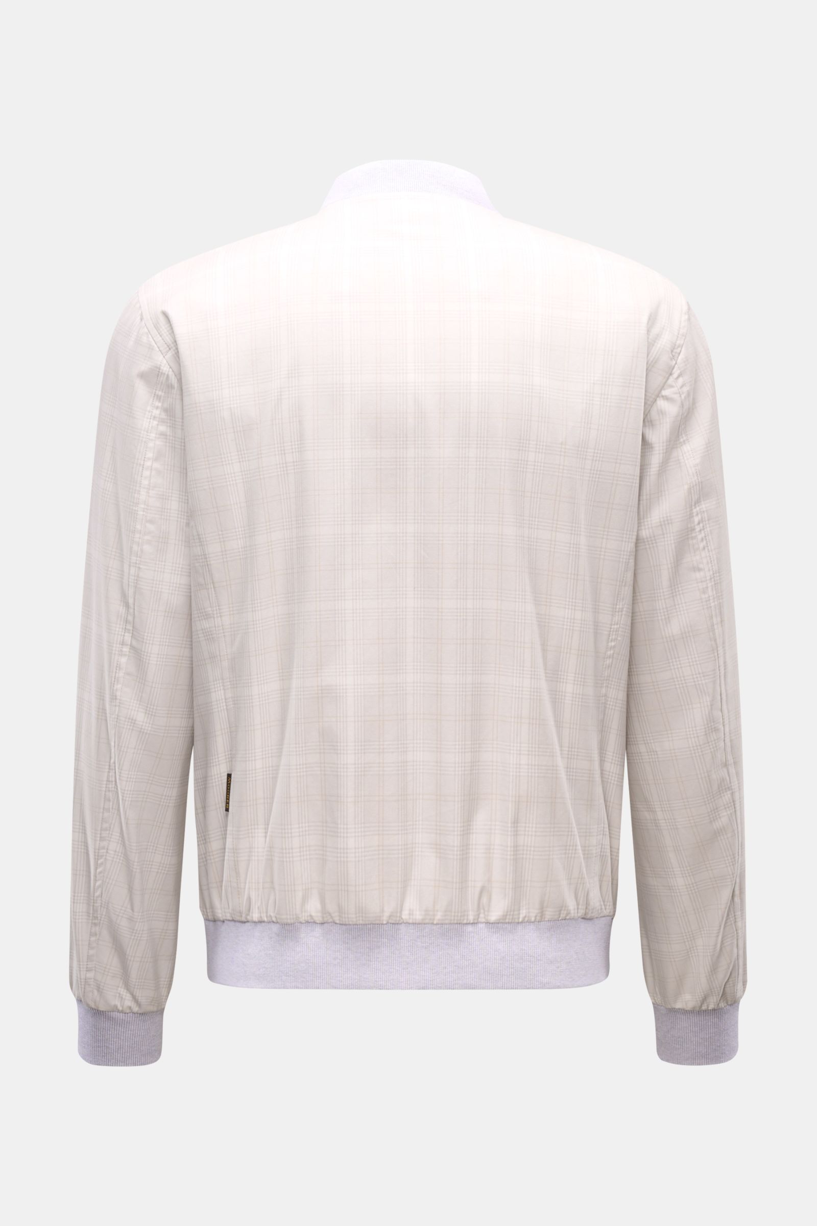 Rear view of Moorer Blouson 'Sorano' light grey/beige/cream checked in pure cotton with a soft feel, classic checked pattern, elastic hem and cuffs.
