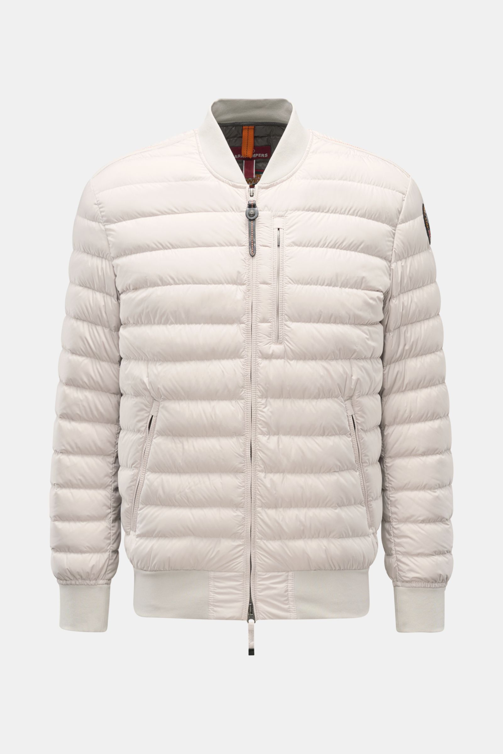 Front view of Parajumpers Down blouson 'Breving' sand in light beige, featuring high-quality microfiber, wind and water repellent, warm down lining, regular fit, rib knit collar, three front pockets, elastic hem and cuffs, robust two-way zip, smooth linin