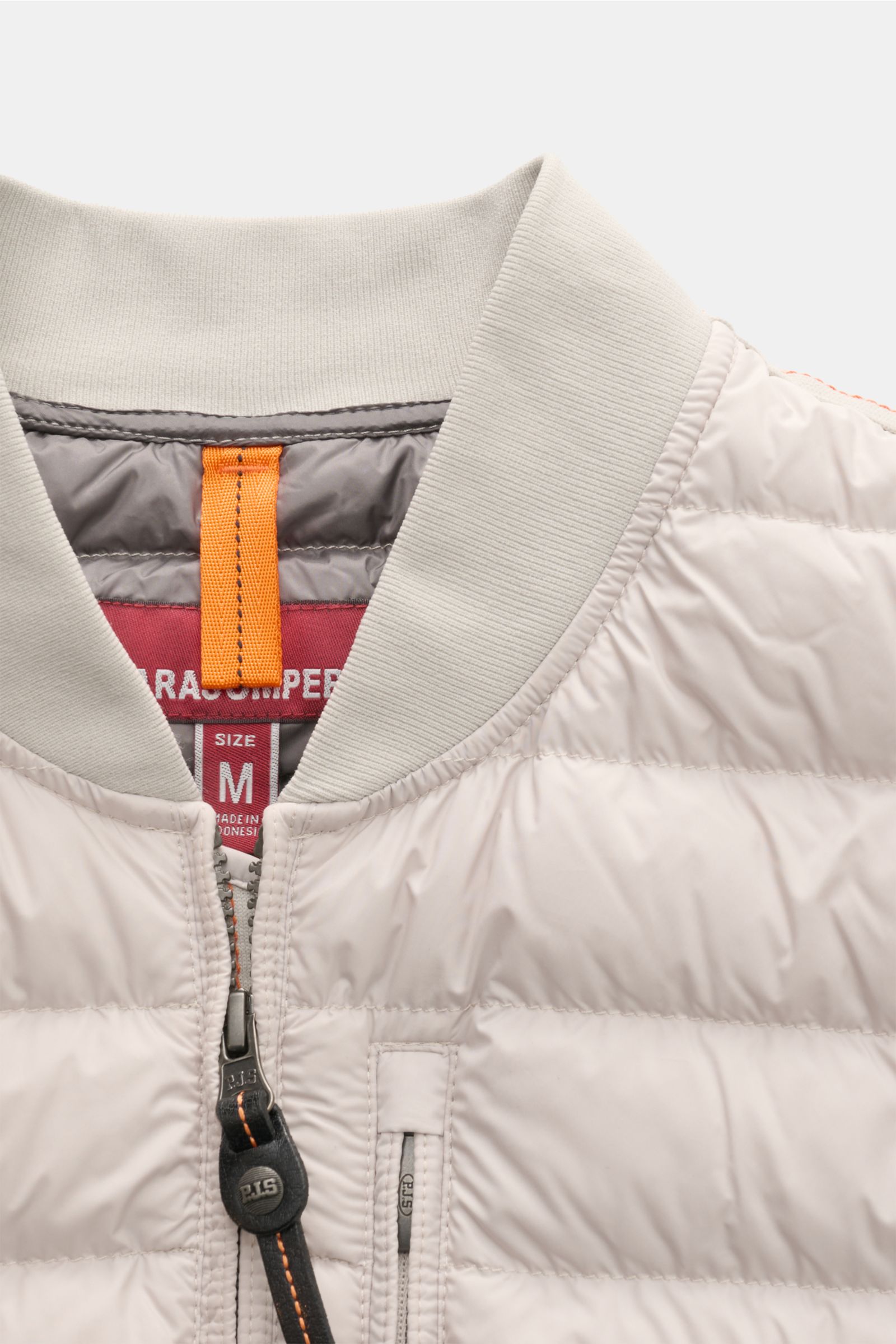 Parajumpers Down blouson 'Breving' sand shown from a close-up front view highlighting the rib knit collar, robust two-way zip with leather pull, and smooth, wind- and water-repellent microfiber fabric. Style meets function: this down blouson keeps you com
