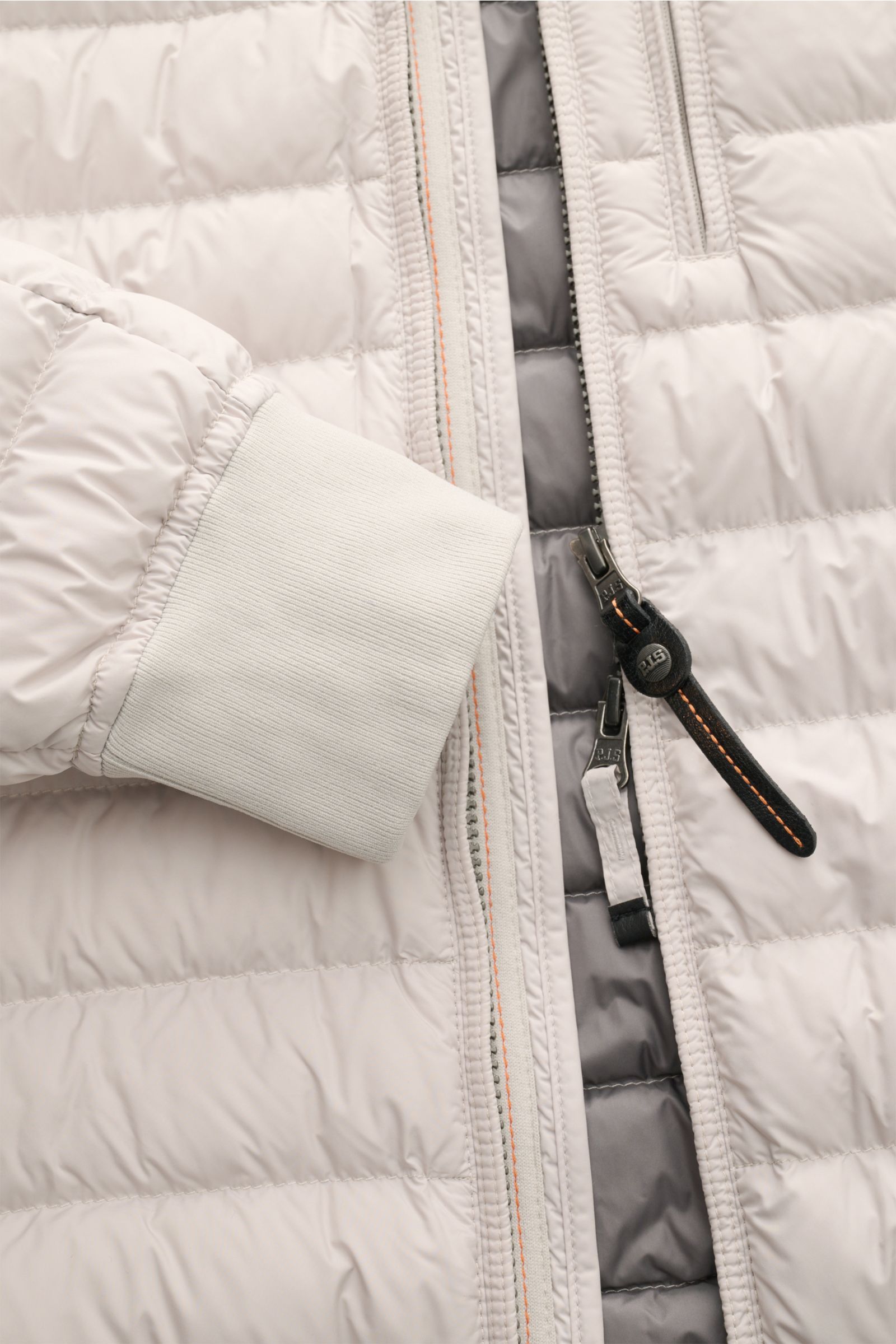 Close-up front view of the Parajumpers Down blouson 'Breving' sand, showing the zip, rib knit cuff, and quilted microfiber fabric.