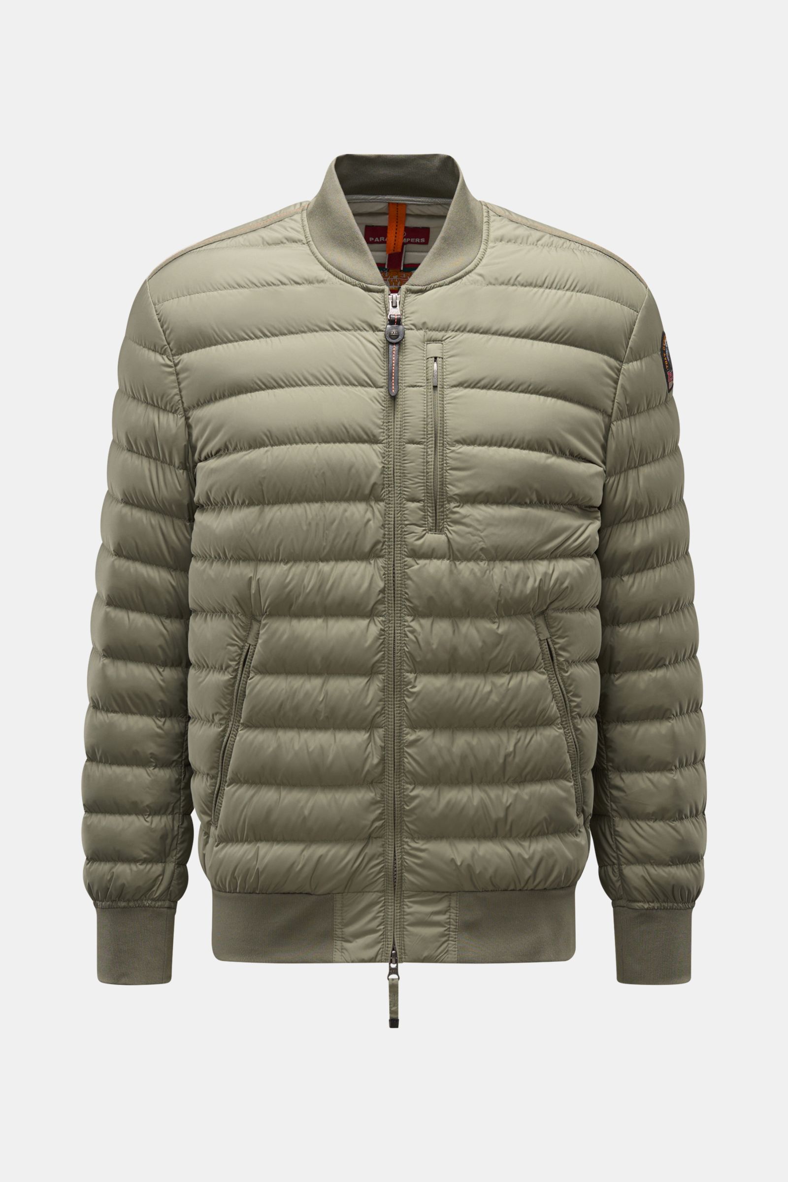Front view of Parajumpers Down blouson 'Breving' sage, a wind and water repellent down jacket with rib knit collar, three front pockets, elastic cuffs, and two-way zip. Style meets function with high-quality microfiber, smooth feel, warm down lining, regu