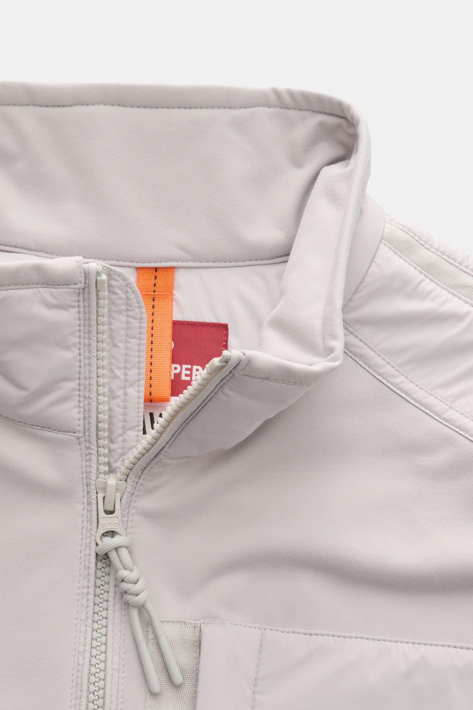 Close-up front view of Parajumpers Jacket 'Douglas' sand showing the standing collar, two-way zip, and high-quality microfiber fabric with soft feel. A functional piece for the transitional season: The jacket 'Douglas' by PARAJUMPERS has a functional, par