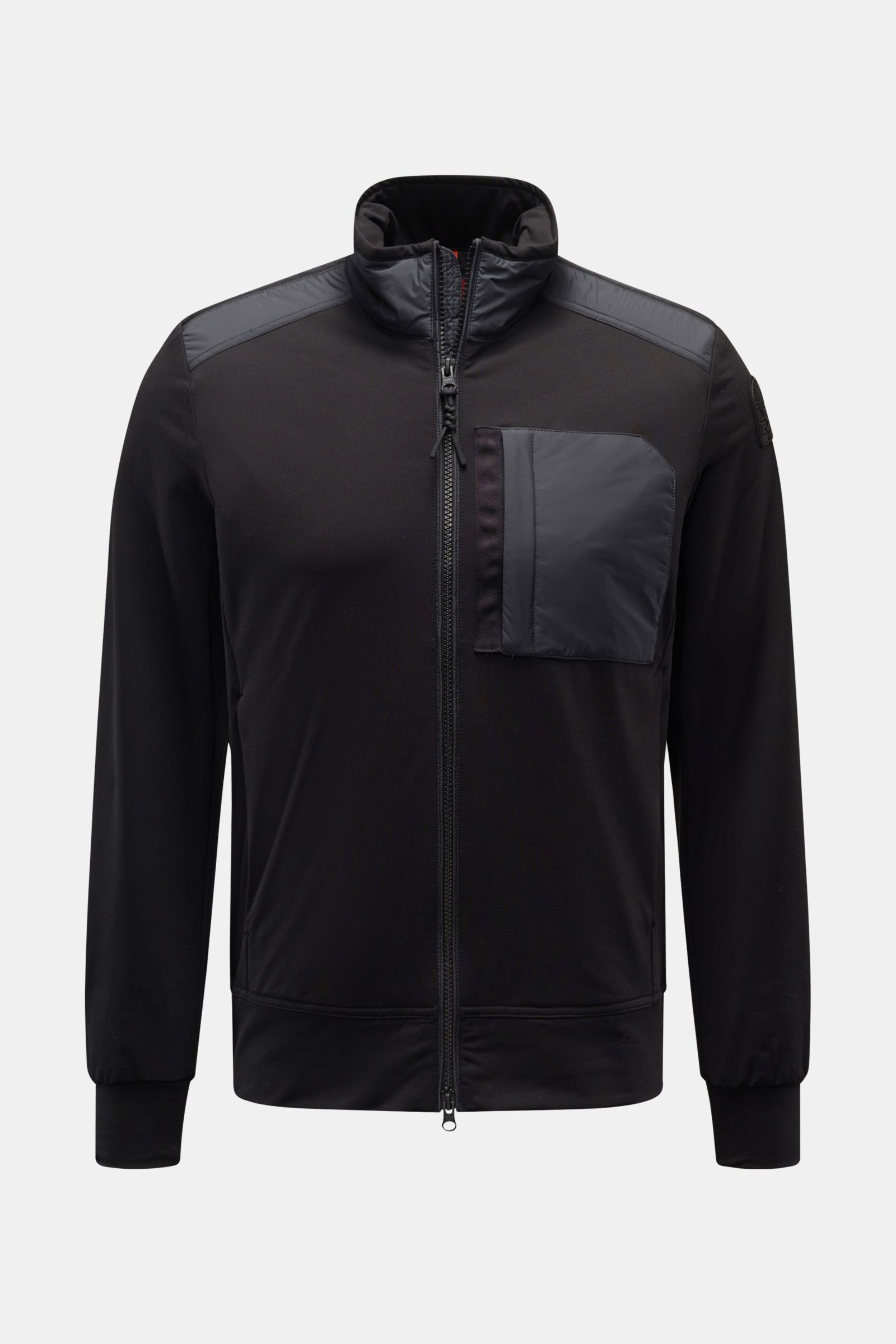 Front view of Parajumpers Jacket 'Douglas' black with high-quality microfibre, soft feel, slim fit, two-way zip, standing collar, and two inside pockets, a functional piece for the transitional season with a pared-down design for sporty spring outfits.