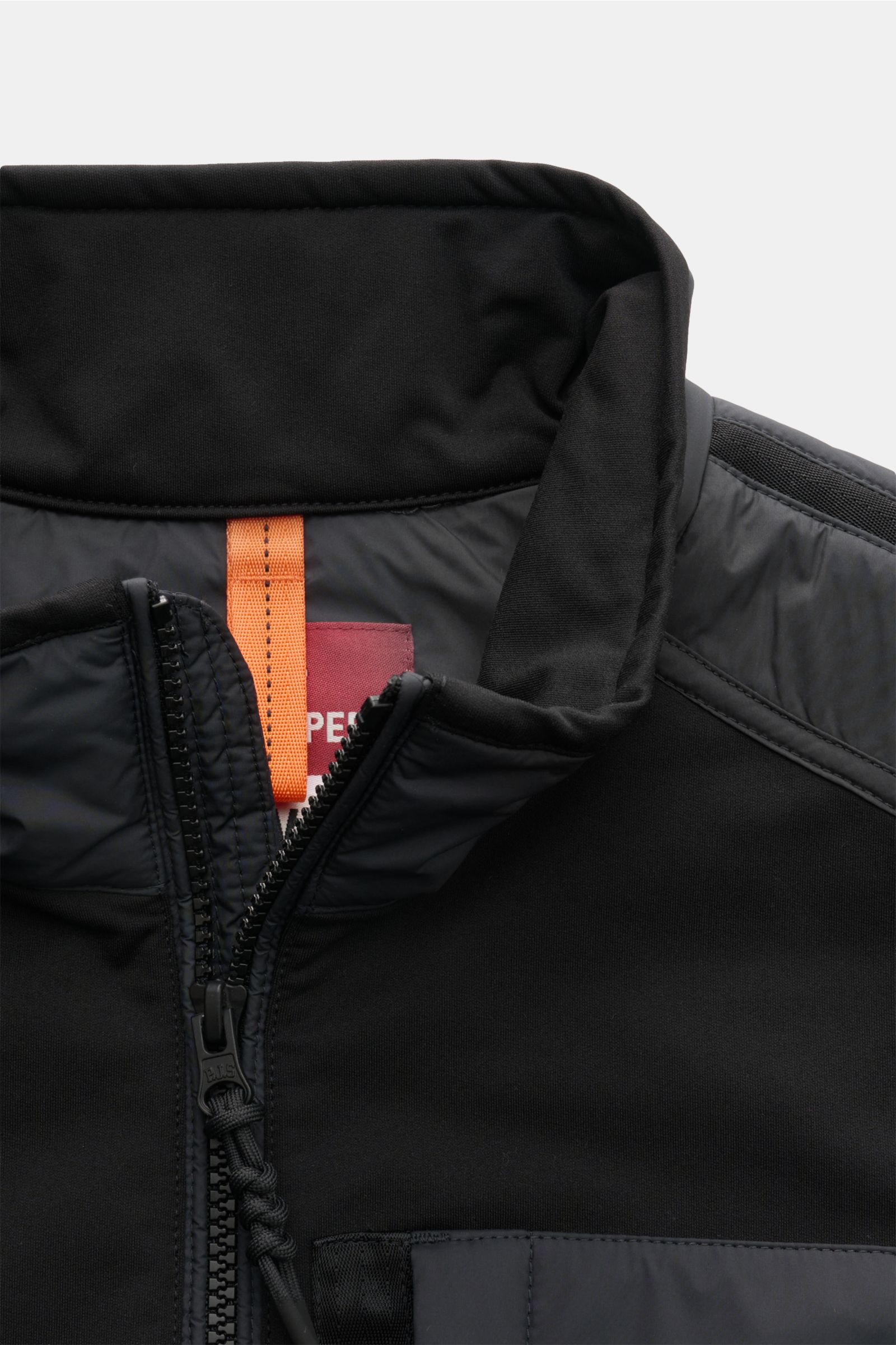 Close-up front view of the Parajumpers Jacket 'Douglas' black, featuring a high-quality microfibre slim fit design, soft feel, two-way zip, standing collar, and two inside pockets. A functional piece for the transitional season with a pared down design, s