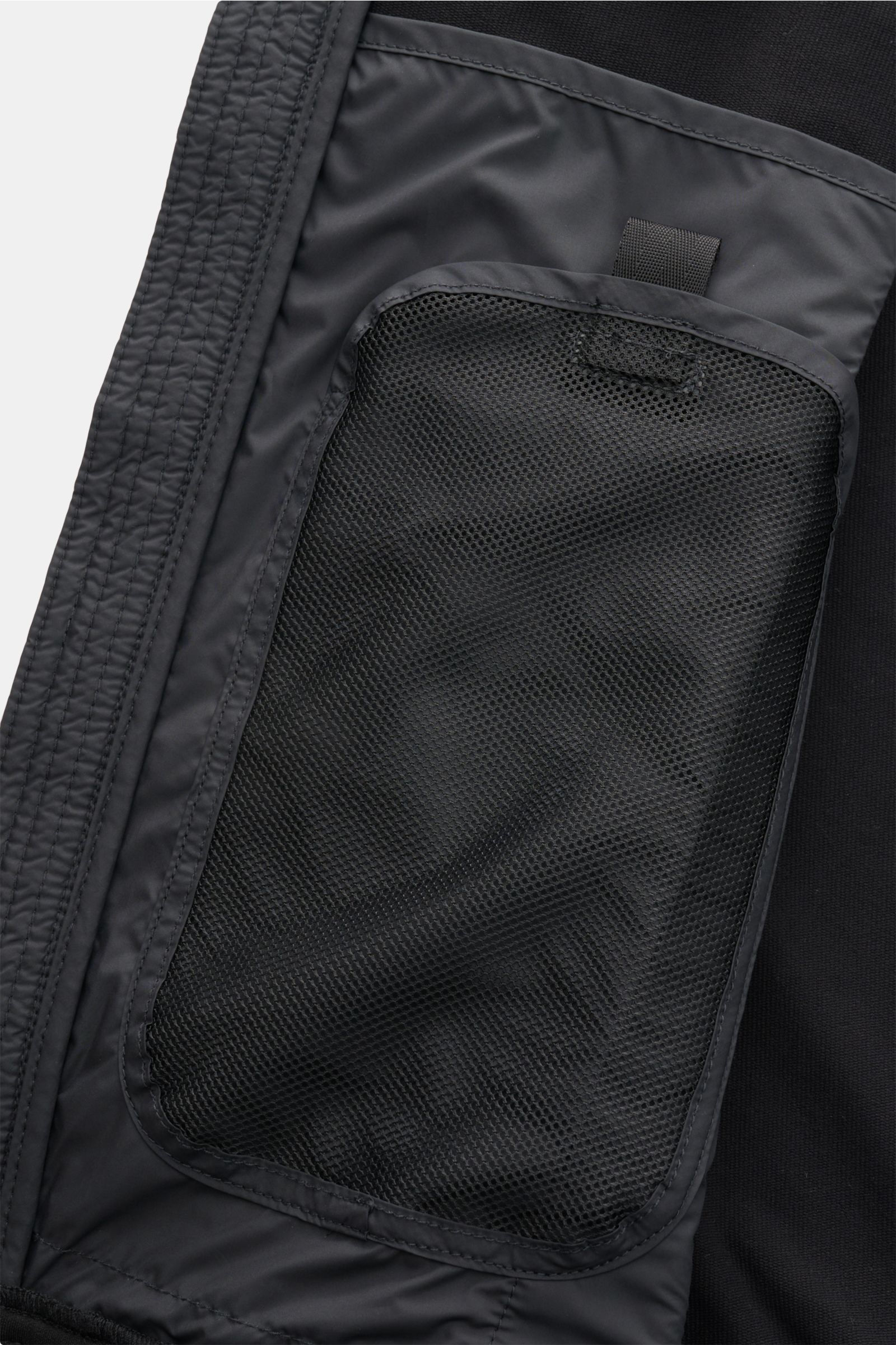 Close-up inside view of Parajumpers Jacket 'Douglas' black showing high-quality microfibre fabric, soft feel, slim fit, two-way zip, standing collar, and two inside pockets, photographed from the interior perspective. 

A functional piece for the trans