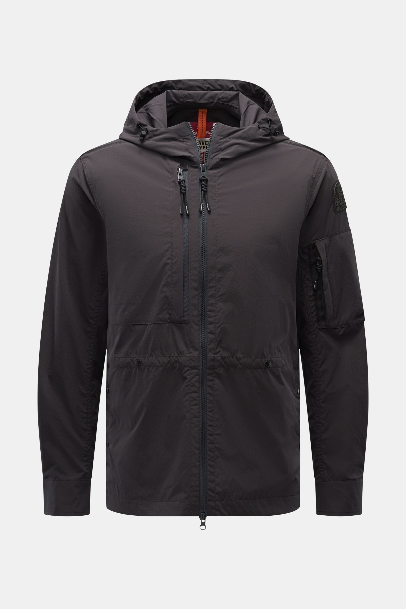 Front view of Parajumpers Jacket 'Inverness' anthracite, a slim fit hooded jacket with two-way zip, drawstring hood, three front pockets, cuffs with button, and two inside pockets, made of high-quality crease-free microfibre stretchy fabric for smooth fee