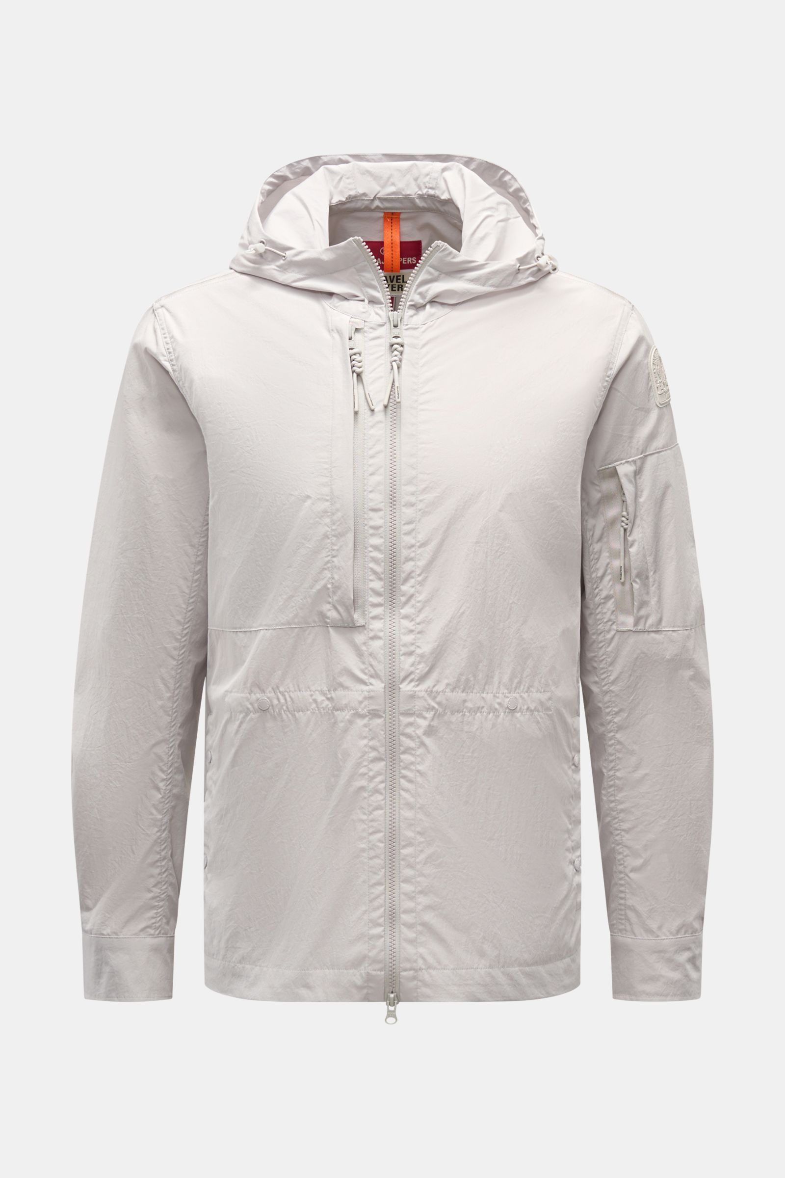 Front view of Parajumpers Jacket 'Inverness' sand, a slim-fit hooded jacket with crease-free stretchy microfiber fabric, two-way zip, drawstring hood, three front pockets, button cuffs, and two inside pockets, offering technical sophistication and smooth 