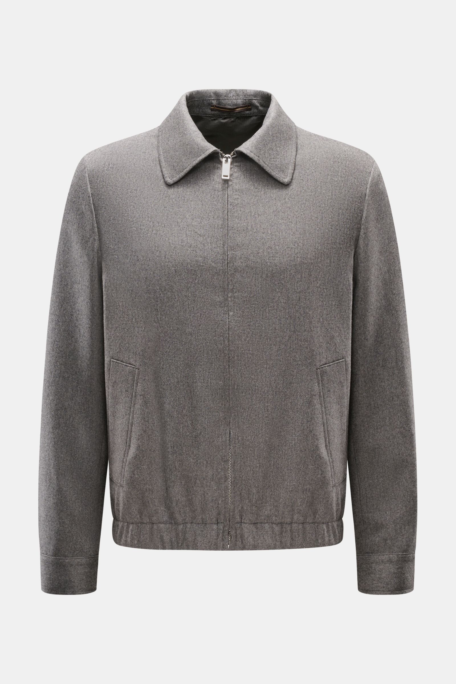 Incotex Flanell-Blouson grau, Frontansicht, leichter, ungefütterter Blouson aus Schurwolle-Cashmere mit Umlegekragen, Reißverschluss, Taschen, Slim Fit.