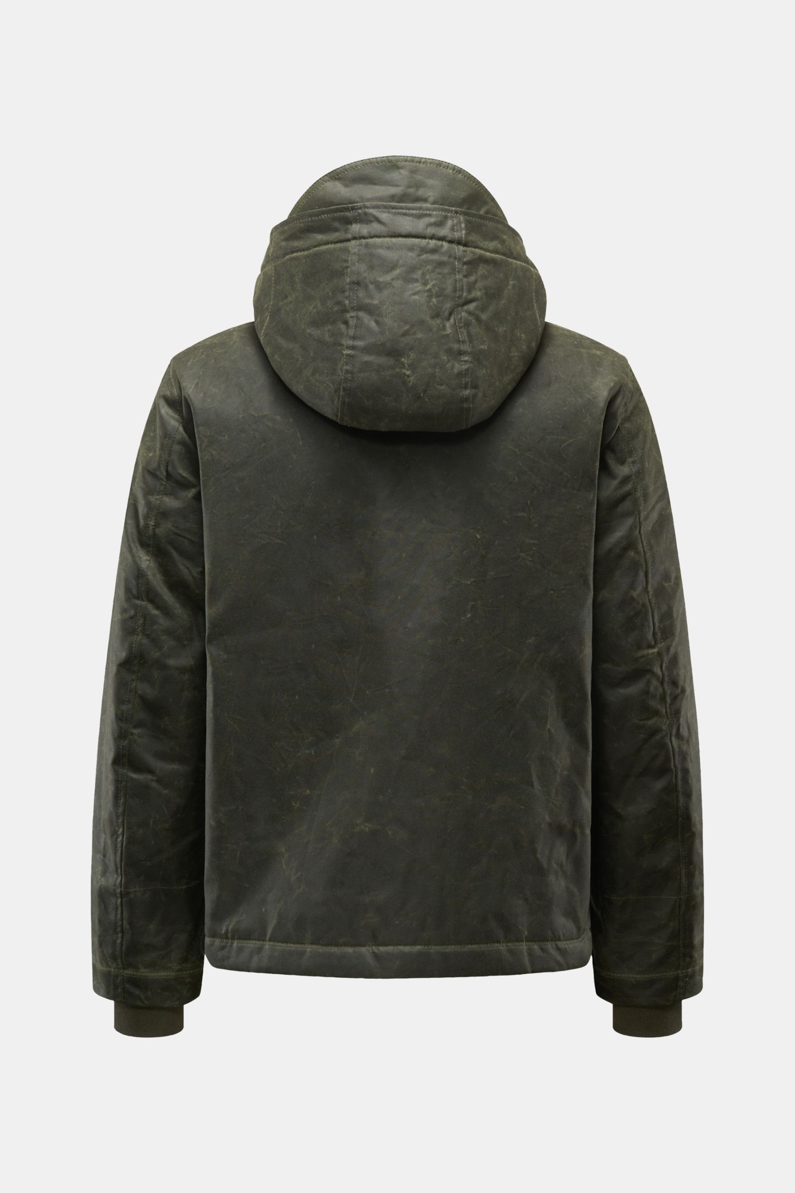 Manifattura Ceccarelli Wachsjacke 'Blazer Coat' dunkelgrün, Rückenansicht, gewachste Baumwolle, Kapuze mit Schirm, Slim Fit, wasserabweisend.