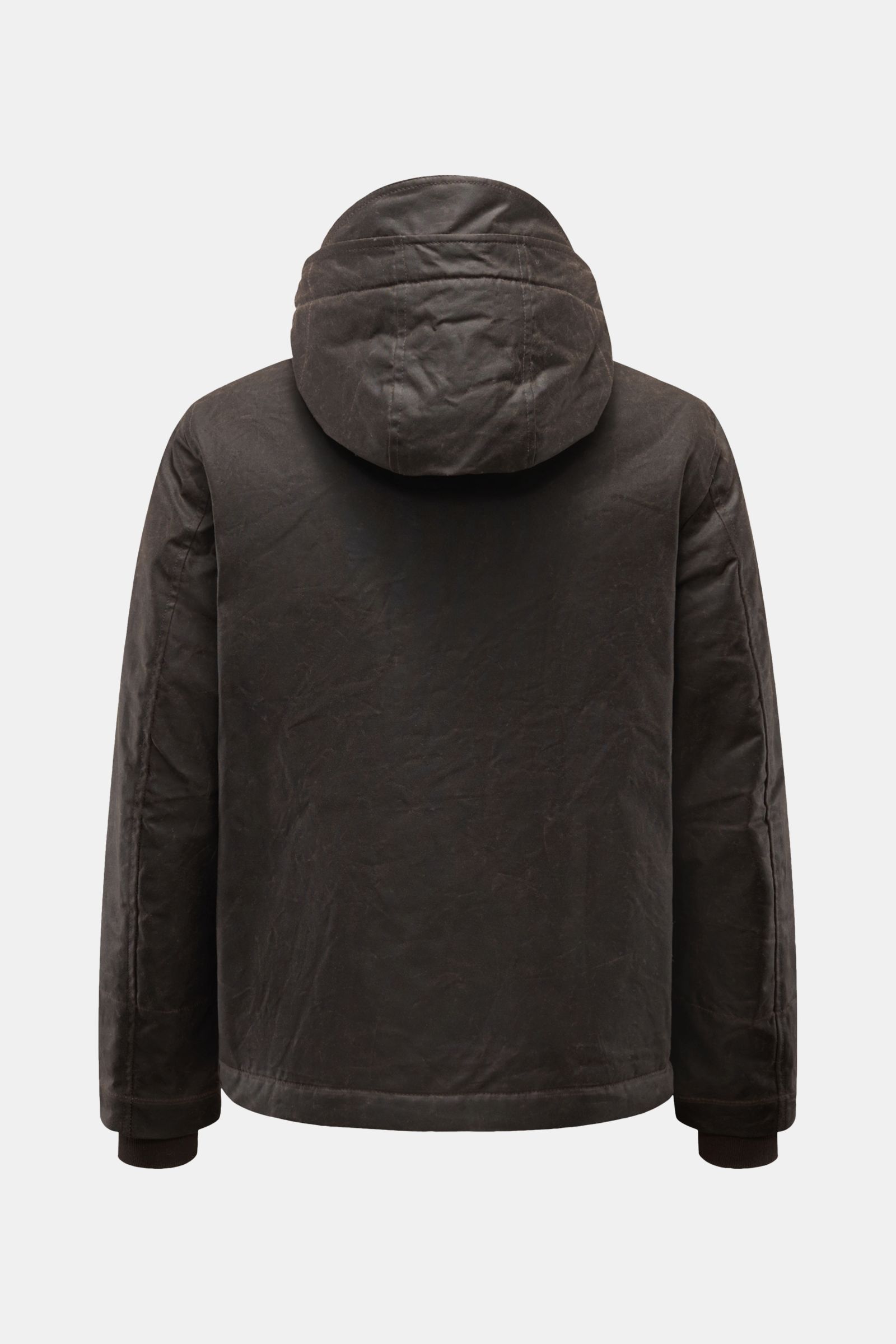 Manifattura Ceccarelli Wachsjacke 'Blazer Coat' dunkelbraun, Rückansicht, gewachste Baumwolle, wasserabweisend, Kapuze, Slim Fit, Lederdetails.