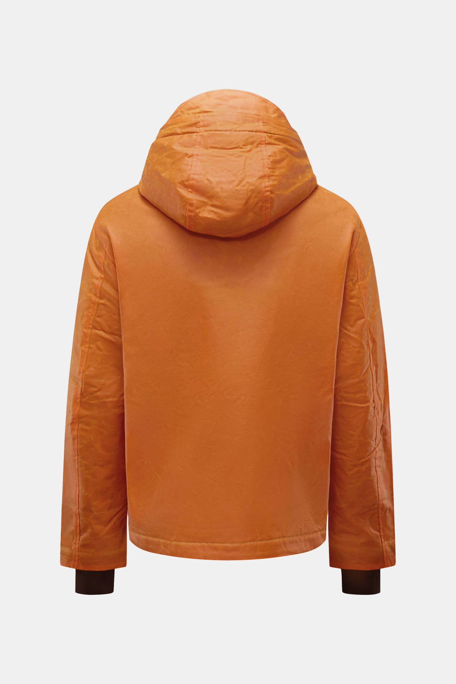 Manifattura Ceccarelli Wachsjacke 'Blazer Coat' orange, Rückansicht, gewachste Baumwolle, Kapuze mit Schirm, Slim Fit, wasserabweisend, atmungsaktiv.