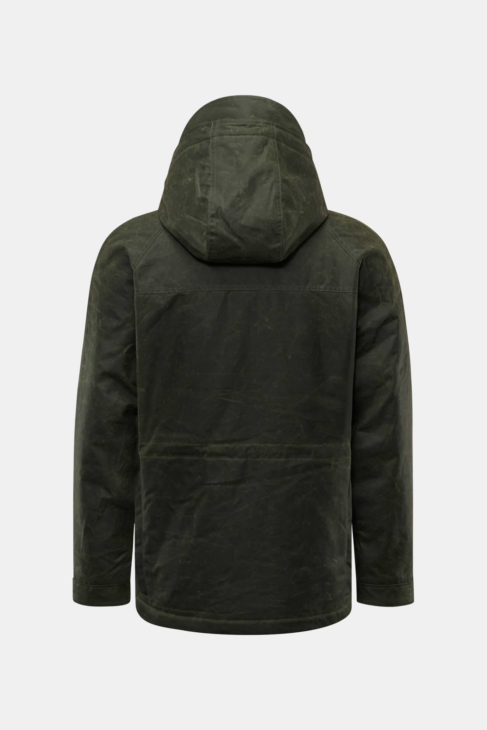 Manifattura Ceccarelli Wachsjacke 'New Fisherman' oliv, Rückenansicht, gewachste Baumwolle, Slim Fit, mit Kapuze und Wattierung aus Wolle.