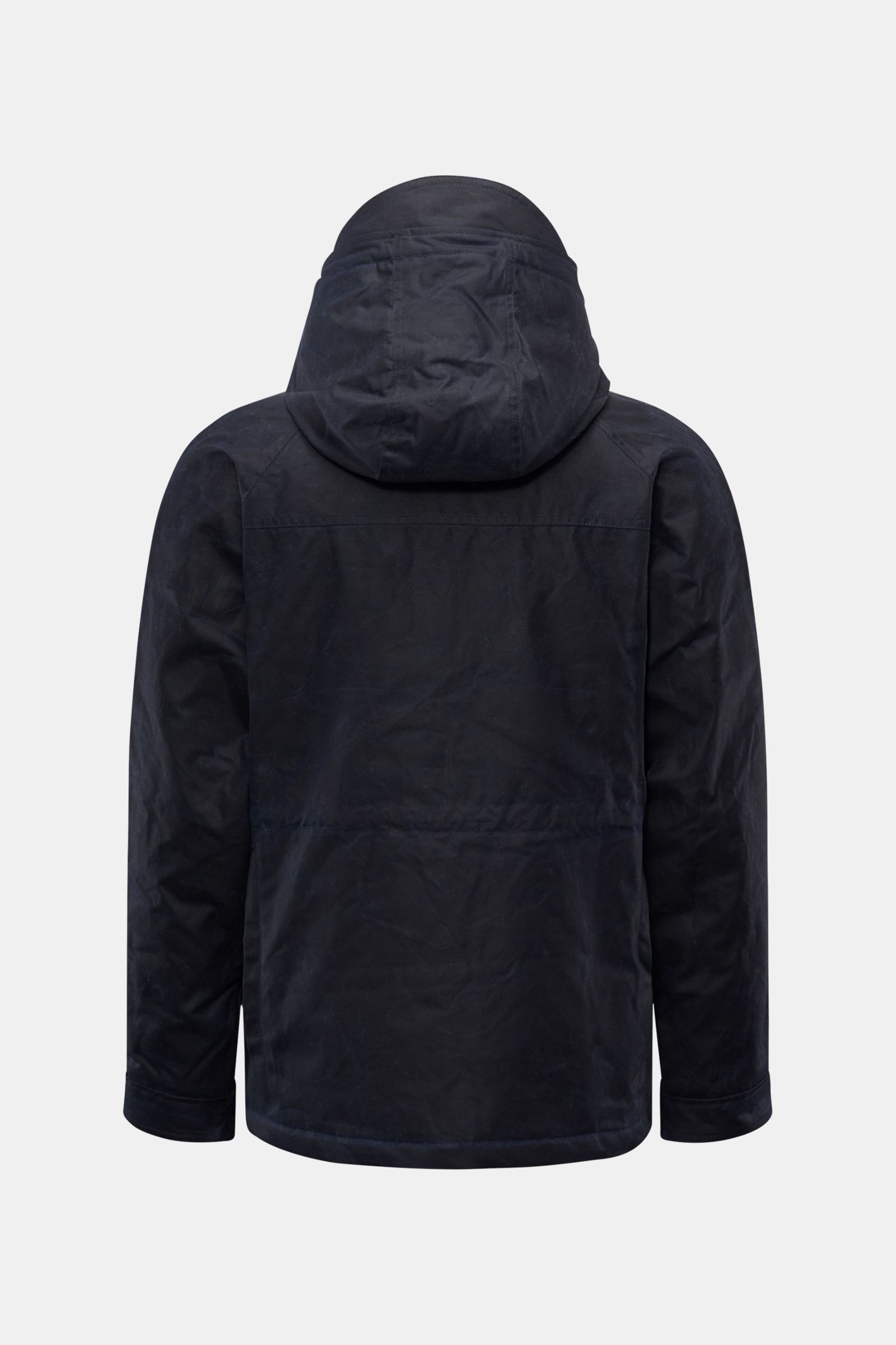 Manifattura Ceccarelli Wachsjacke 'New Fisherman' navy, Rückansicht, gewachste Baumwolle, Kapuze, Slim Fit, wattiert, wasserabweisend, Taillenweite regulierbar.