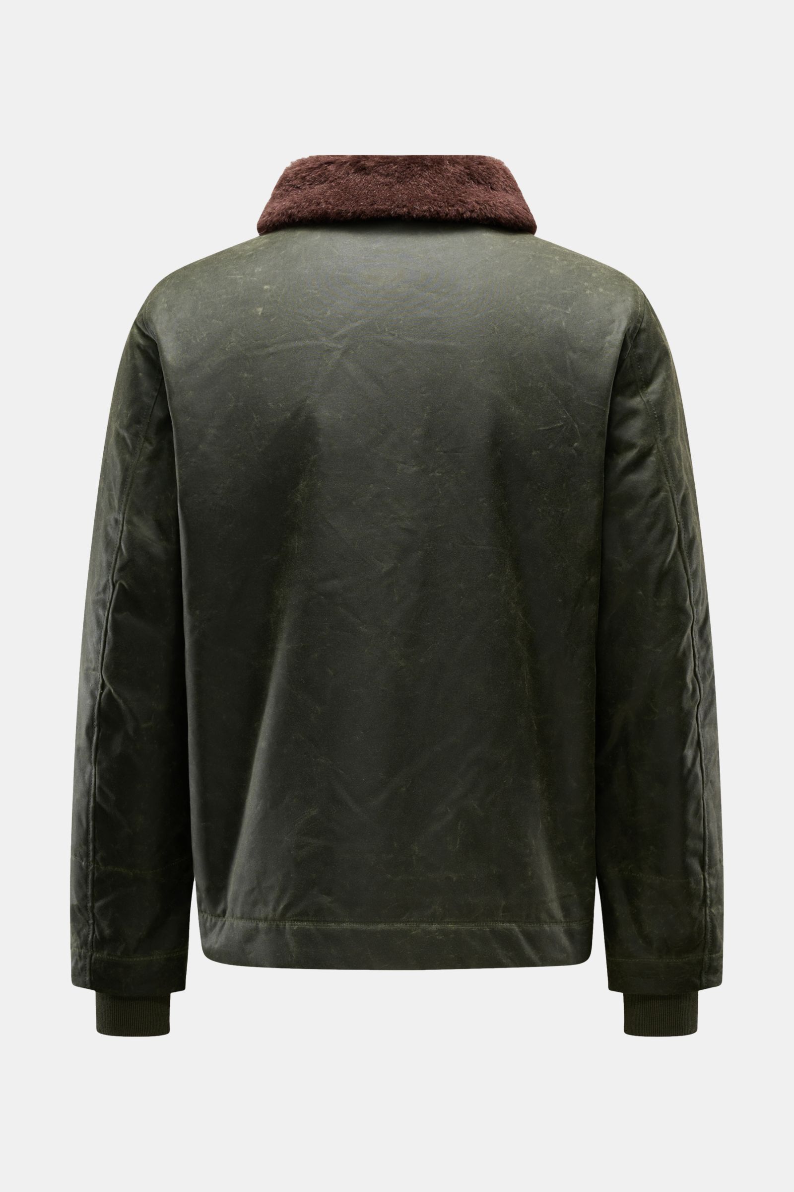 Manifattura Ceccarelli Wachsjacke 'Deck Jacket' dunkelgrün, rückseitige Ansicht, gewachste Baumwolle, Alpakawollkragen, wasserabweisend, Slim Fit, mit Bündchen.