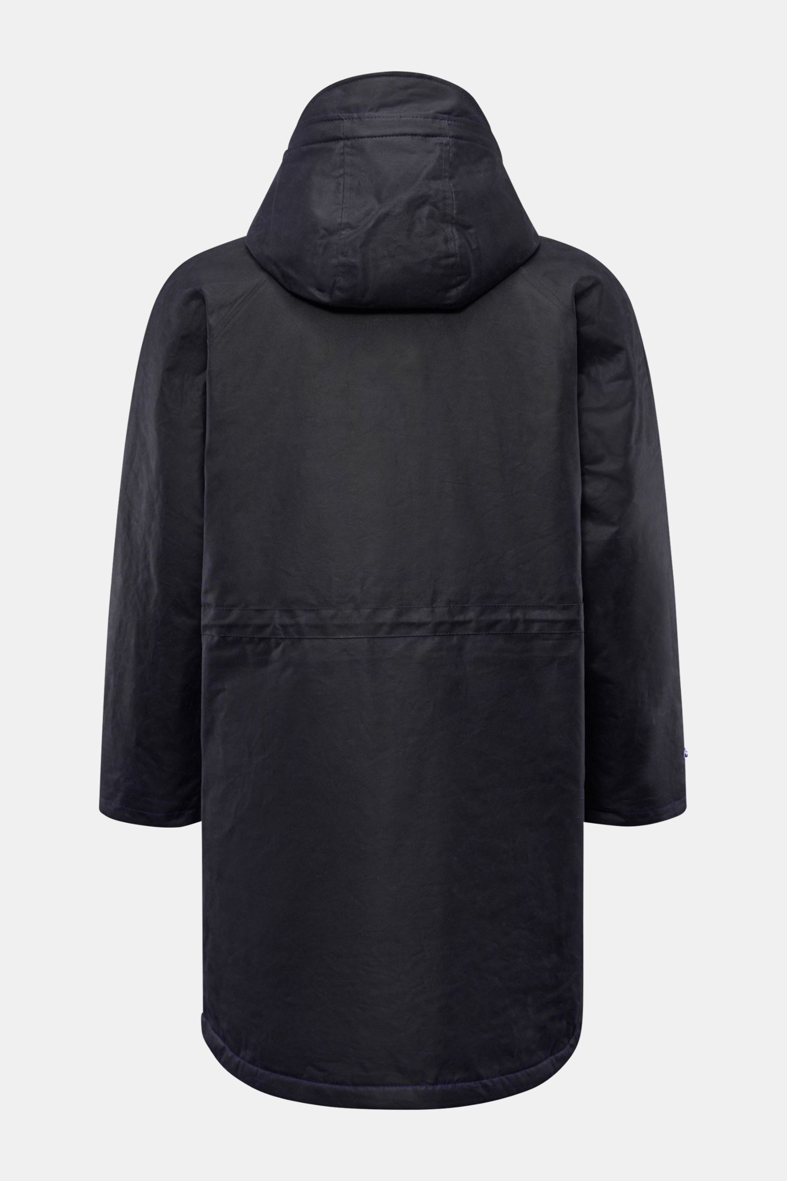 Manifattura Ceccarelli Wachsparka 'Mountain' navy, Rückansicht mit Kapuze, gewachste Baumwolle, wattiert mit Wolle, wasserabweisend, Regular Fit.