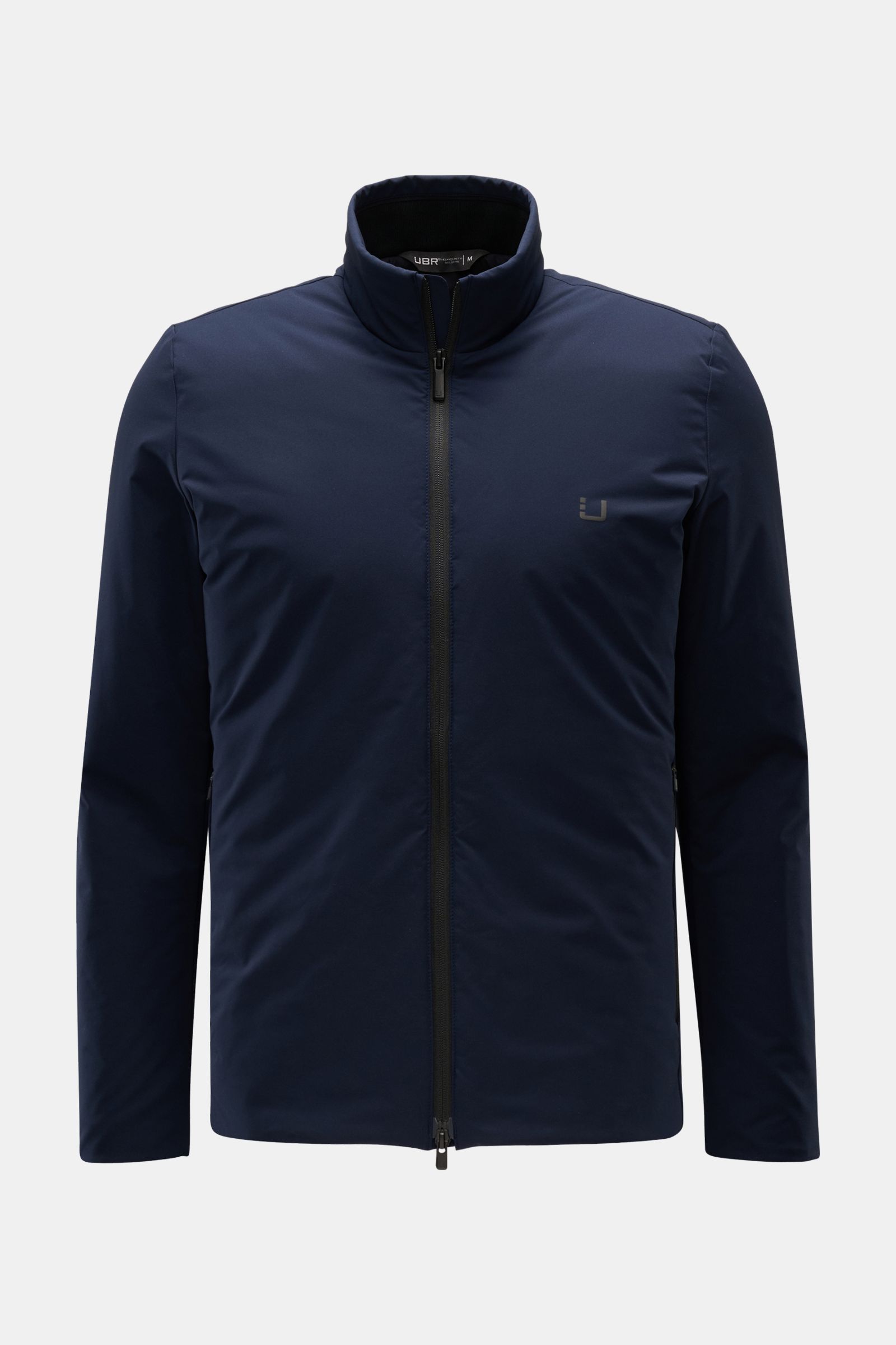 UBR Jacke 'Viper' navy von vorne, Slim Fit, wasserabweisend, elastisch, mit Zwei-Wege-Reißverschluss und reflektierendem Logo-Print.