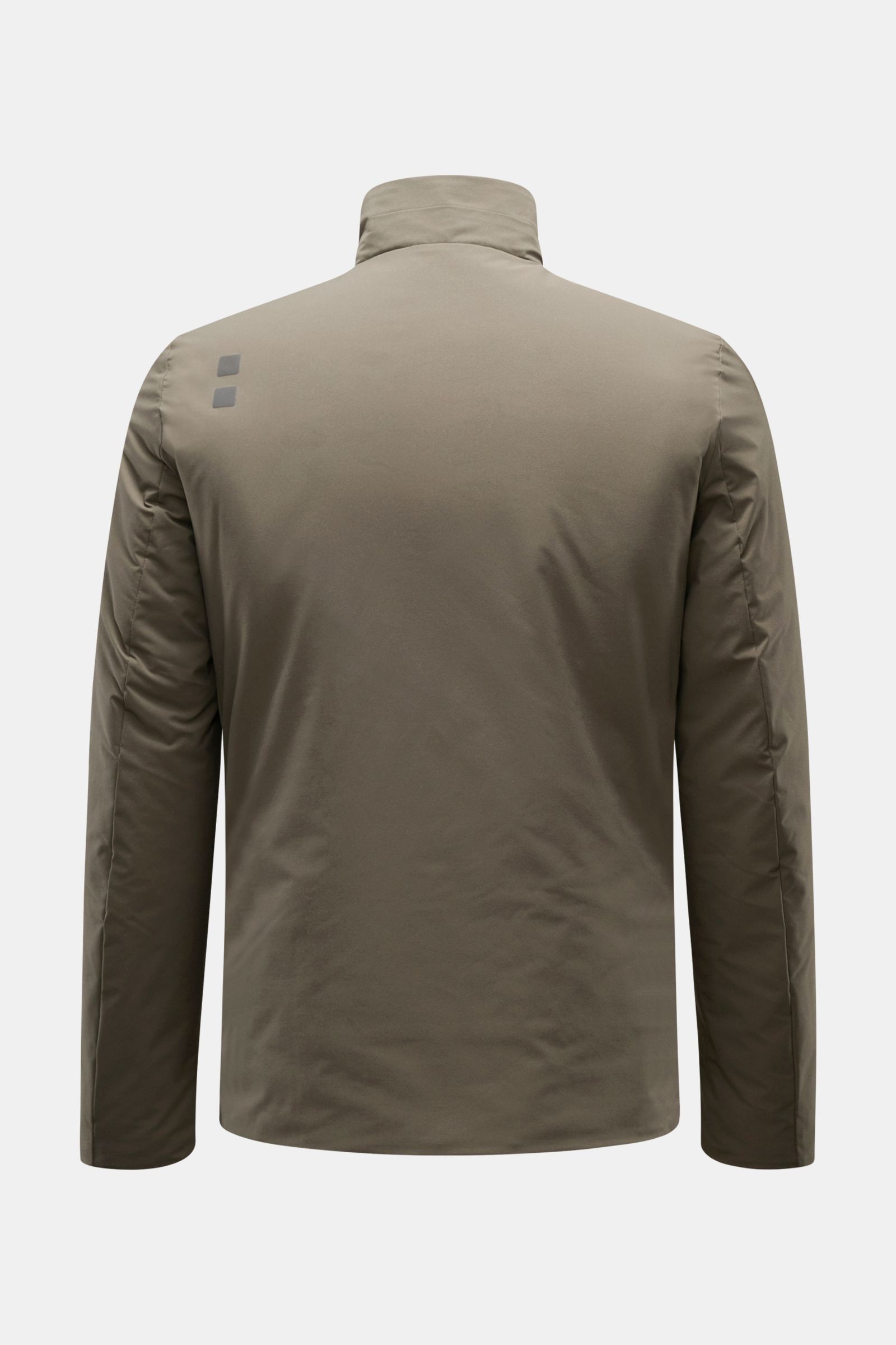 Rear view of UBR Jacket 'Viper' grey-green, showcasing high-quality stretchy microfibre, water repellent fabric, slim fit, high collar, elastic cuffs, and reflective logo print. UBR are the experts in finest materials and innovative manufacturing, with th