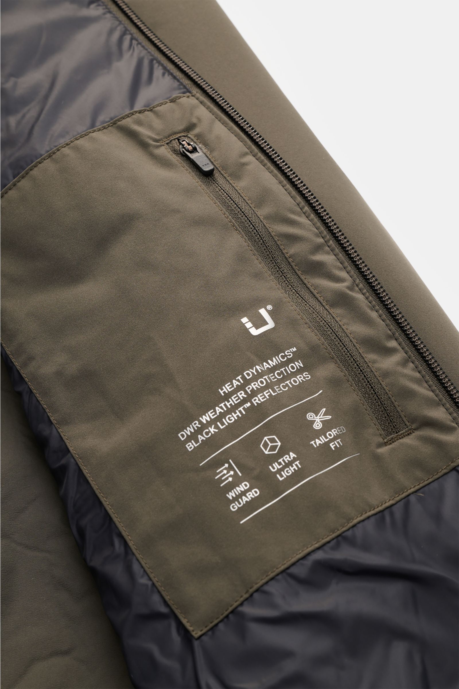 Close-up interior view of the UBR Jacket 'Viper' grey-green showing a zippered pocket, heat dynamics print, and smooth lining, highlighting its ultra-lightweight, stretchy microfiber fabric and tailored fit. UBR are the experts when it comes to the finest