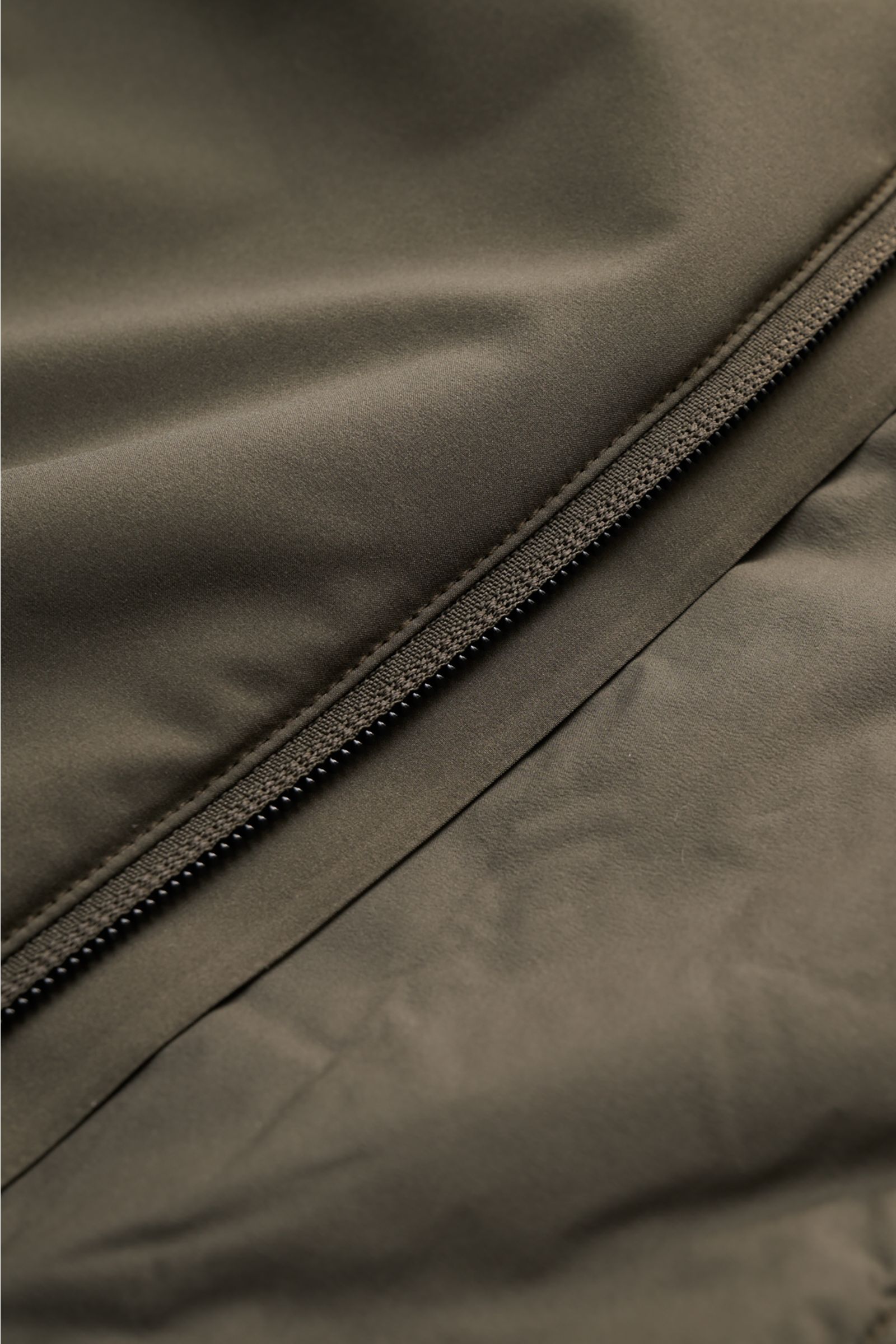 Close-up front view of the grey-green UBR Jacket 'Viper', showing the high-quality stretchy microfibre fabric and two-way zip.