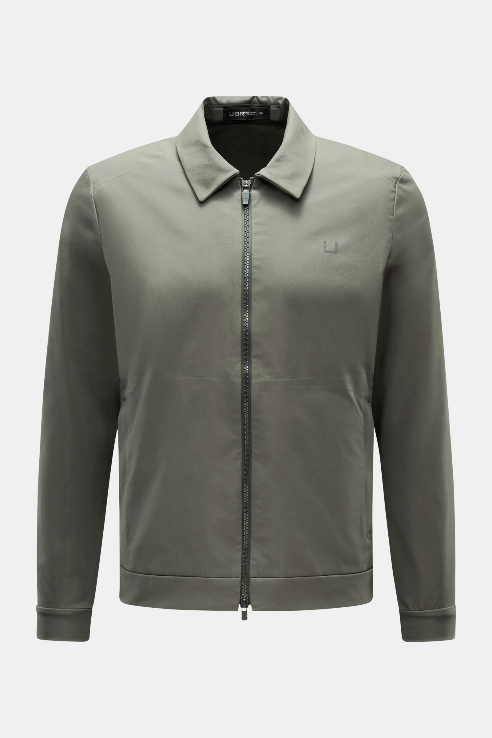 UBR Jacke 'Nano' graugrün, Frontansicht, Slim Fit, glatte Microfaser, Wind- und wasserabweisend, zwei-Wege-Reißverschluss, Umlegekragen.