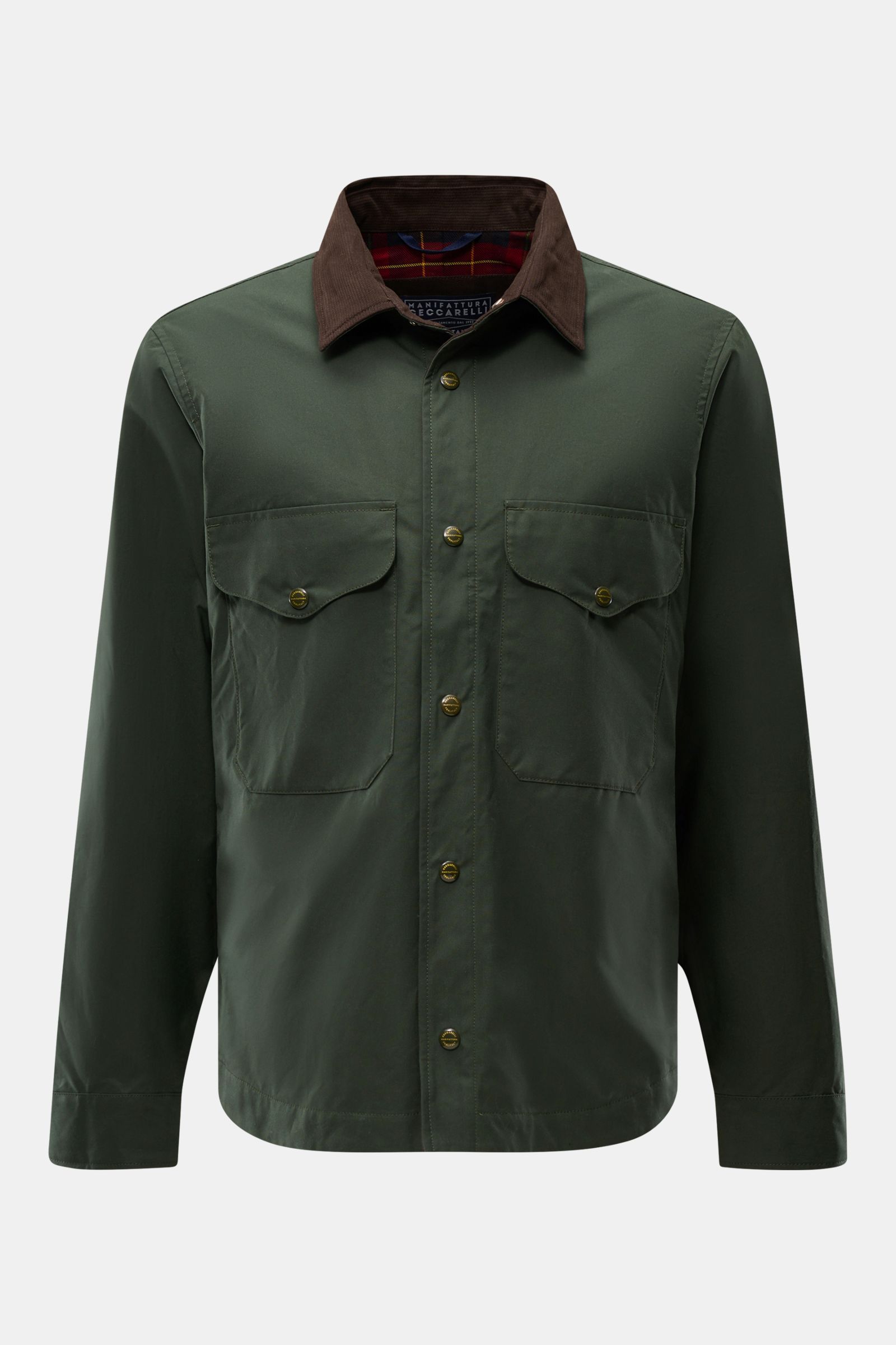 Manifattura Ceccarelli Wachsjacke 'Heavy Shirt' dunkelgrün, von vorne fotografiert, gewachste Baumwolle, wasserabweisend, Slim Fit mit Cordkragen und Tartanfutter.