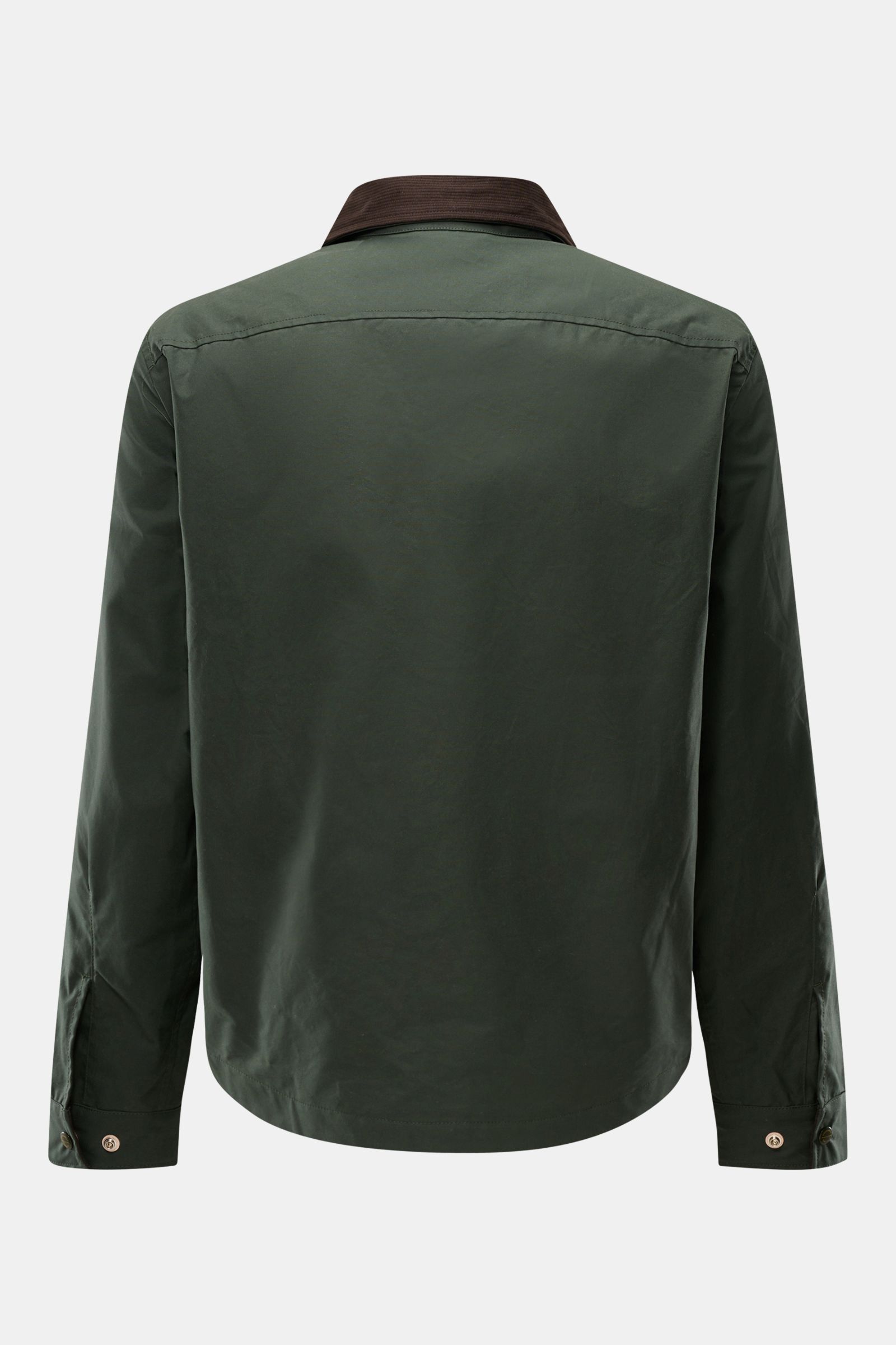 Rückansicht der dunkelgrünen Manifattura Ceccarelli Wachsjacke 'Heavy Shirt' aus gewachster, wasserabweisender Baumwolle mit Cordkragen.