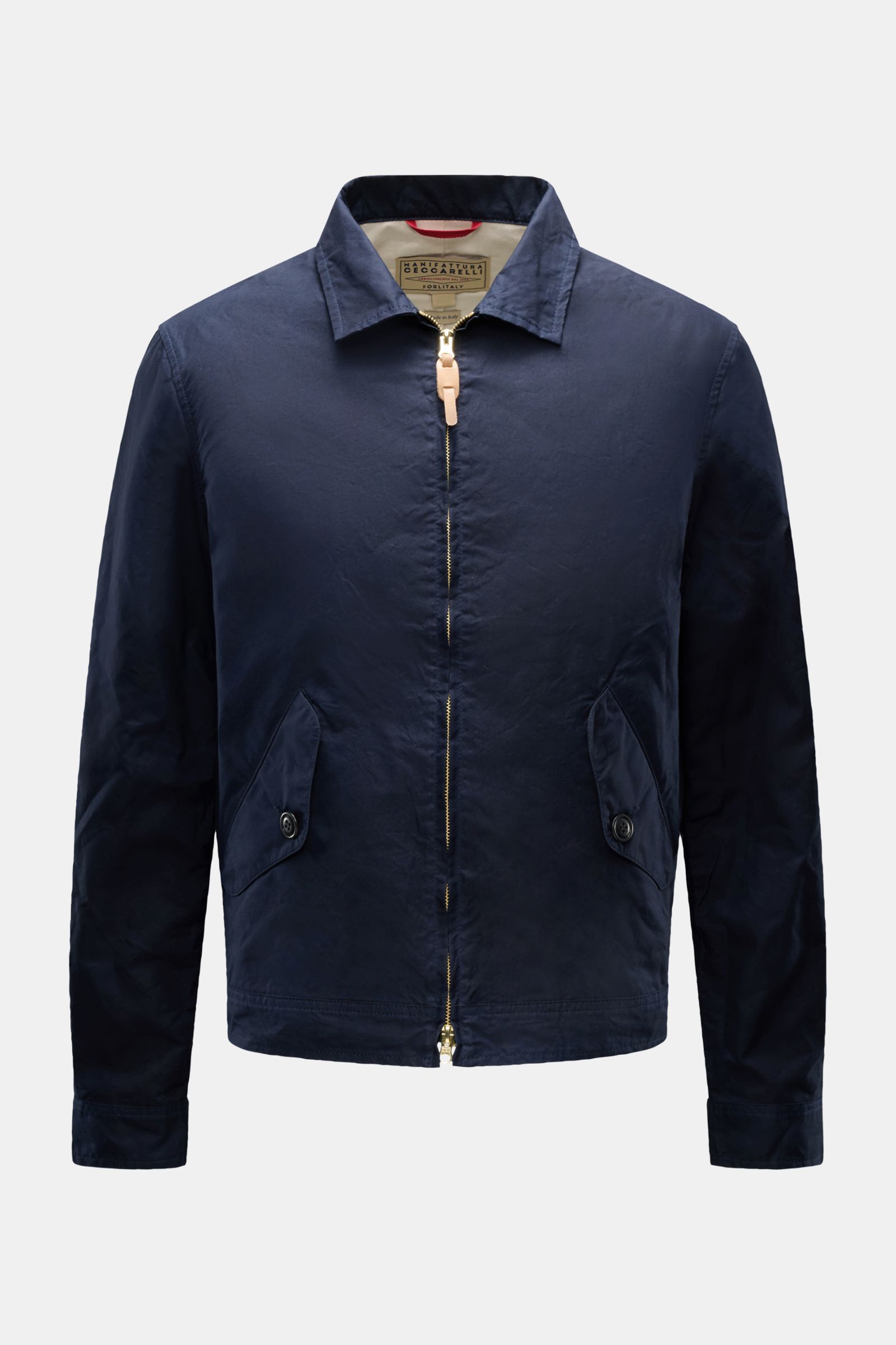 Front view of Manifattura Ceccarelli Waxed jacket 'Blazer Coat' navy, made of waxed cotton, water repellent, slim fit with patch flap pockets, button cuffs, and two-way zip. Authentic outerwear with vintage character featuring breathable, paraffin-treated