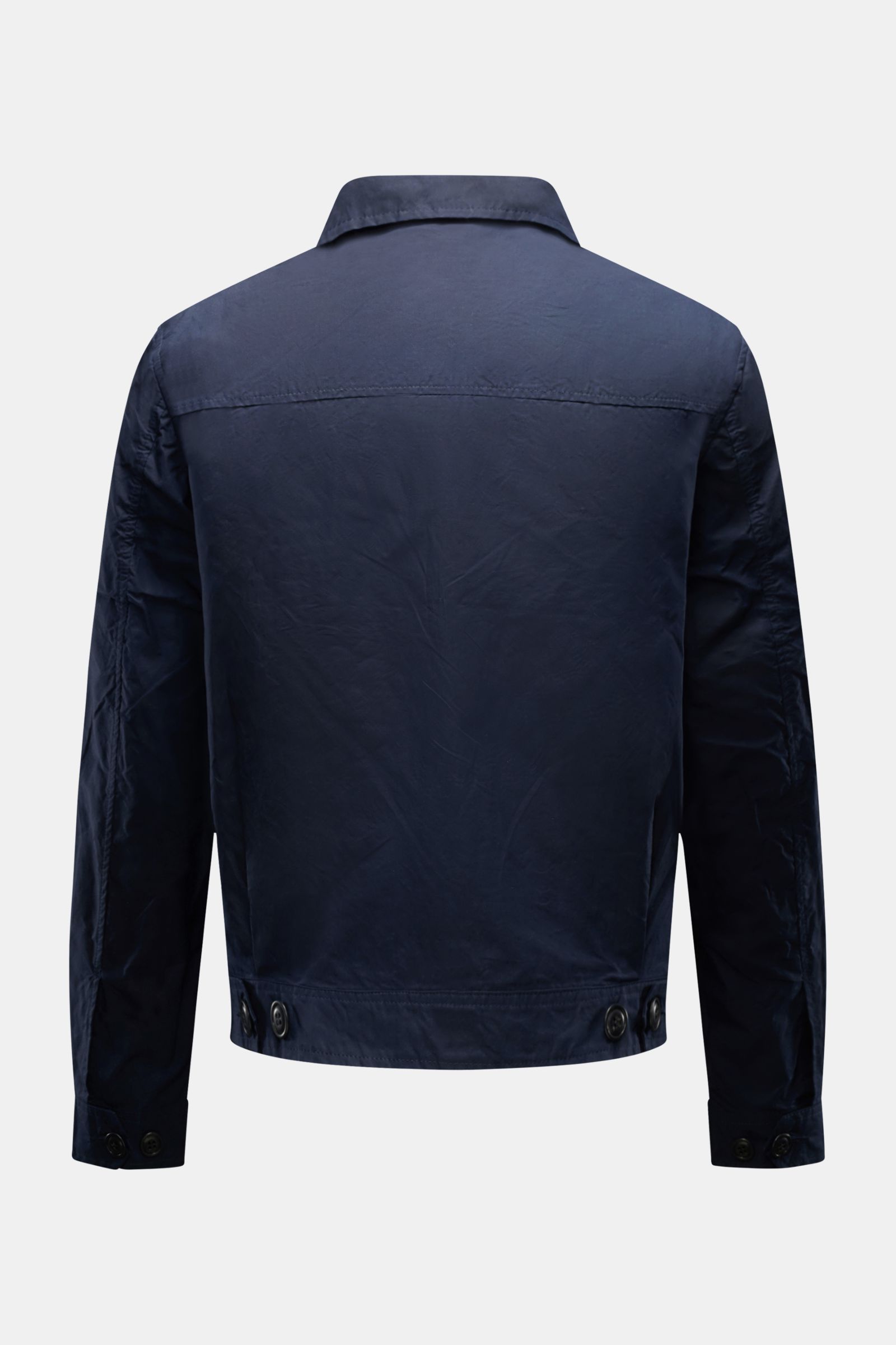 Manifattura Ceccarelli Waxed jacket 'Blazer Coat' navy shown from the back, authentic Italian waxed cotton outerwear with paraffin-treated, water repellent fabric, slim fit, robust two-way zip, turn-down collar, patch front pockets with flap, button cuffs