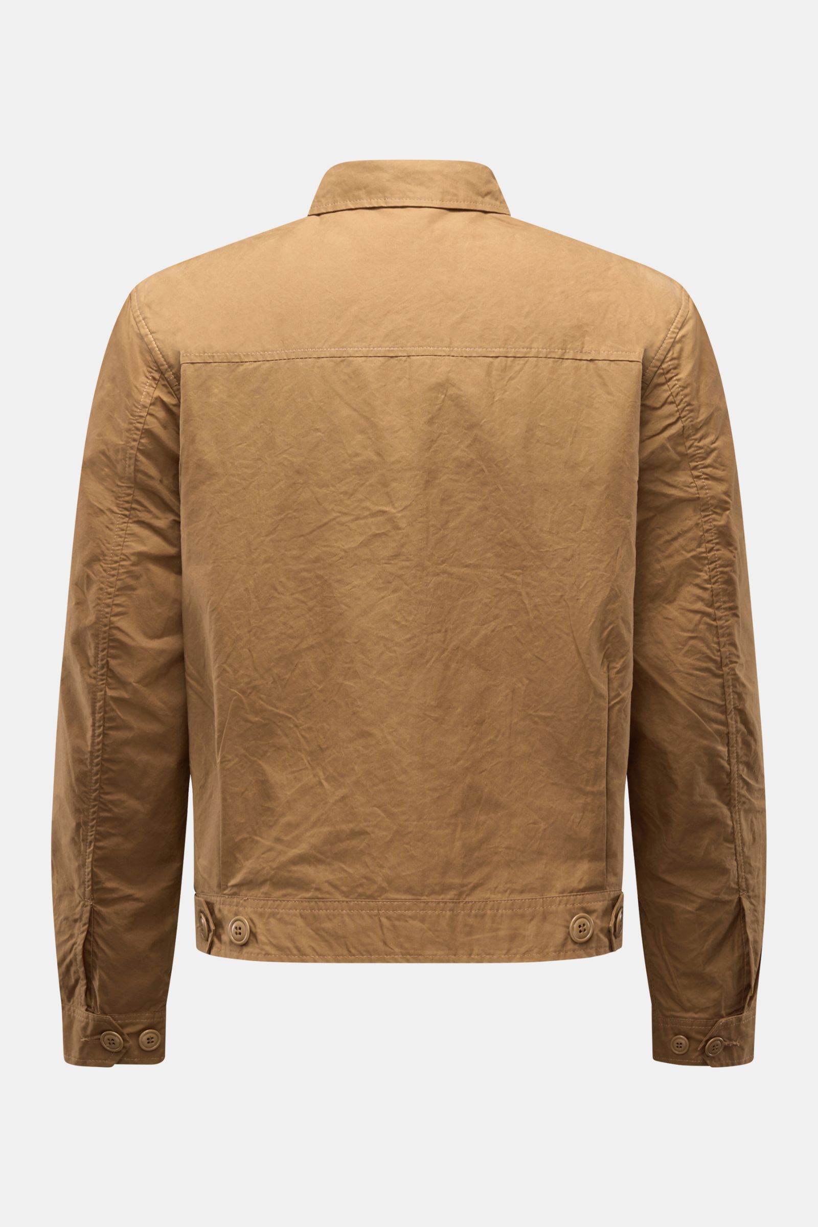 Manifattura Ceccarelli Wachsjacke 'Blazer Coat' braun, Rückenansicht, gewachste, wasserabweisende Baumwolle, Slim Fit, Umlegekragen, Knopfärmel.