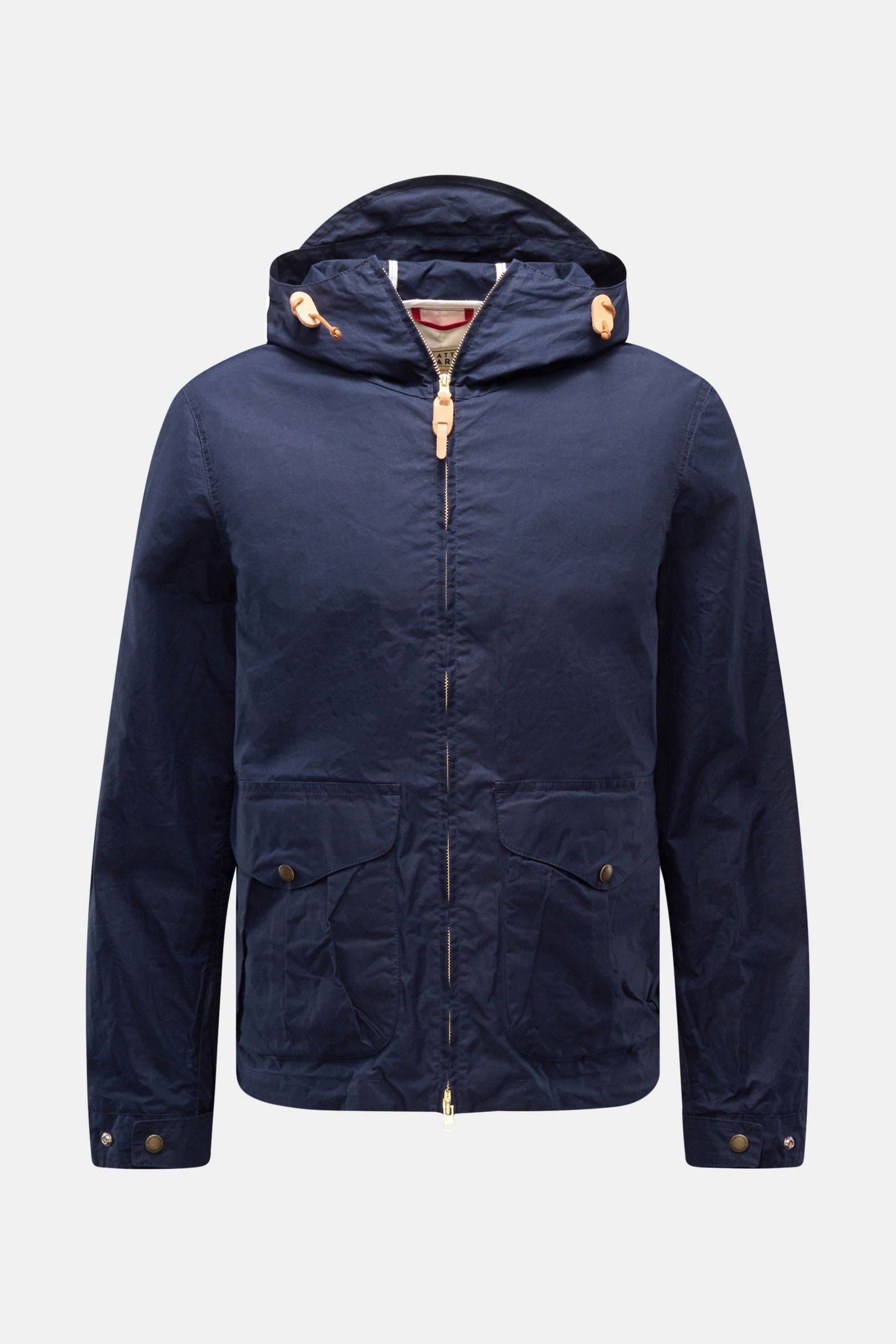Manifattura Ceccarelli Wachsjacke 'Hooded Blazer' navy, frontale Perspektive, gewachste, wasserabweisende Baumwolle, Kapuze, Slim Fit, Taschen, Knopfärmel.