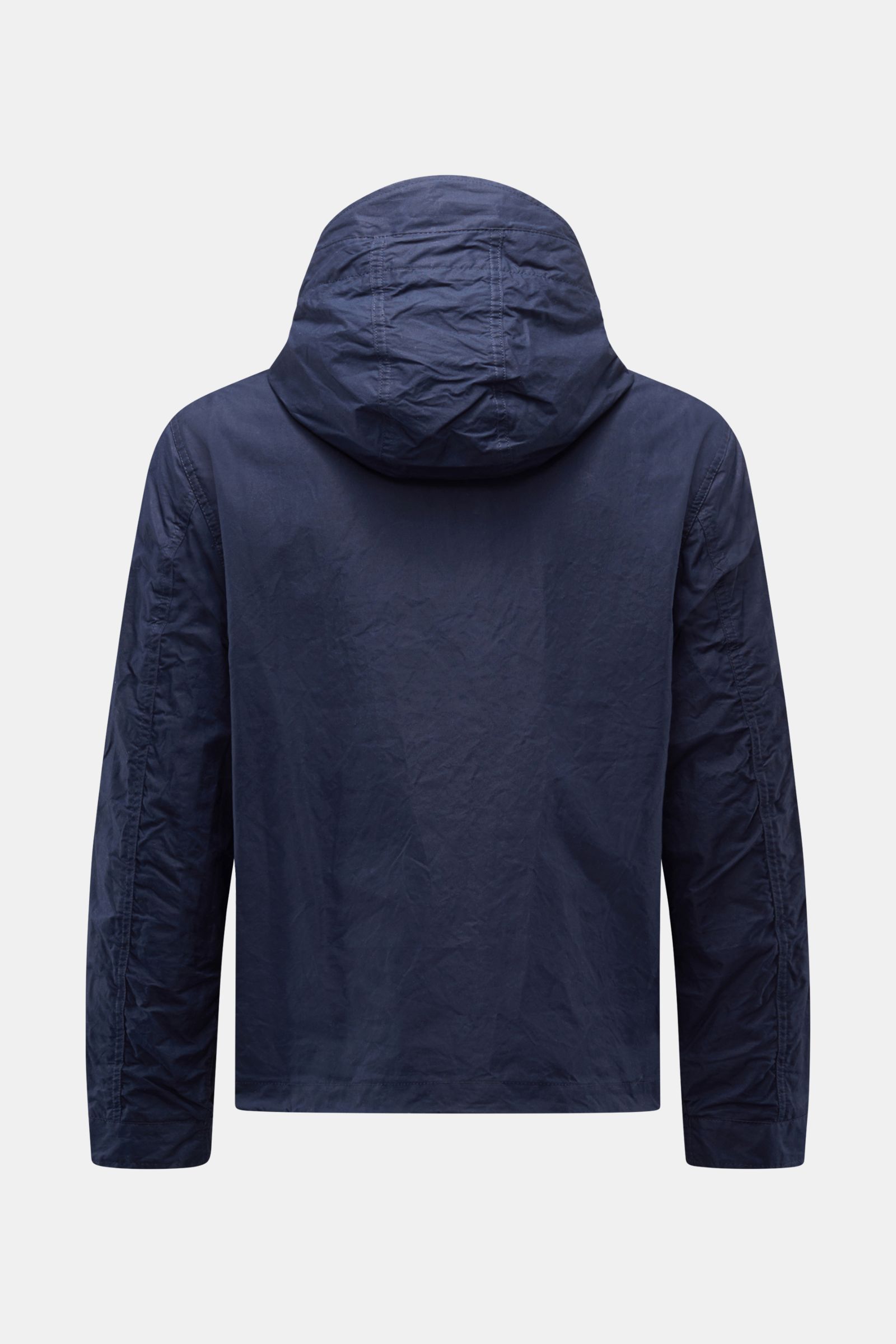 Manifattura Ceccarelli Wachsjacke 'Hooded Blazer' navy, Detailrückansicht, gewachste, wasserabweisende Baumwolle mit Kapuze, Slim Fit.
