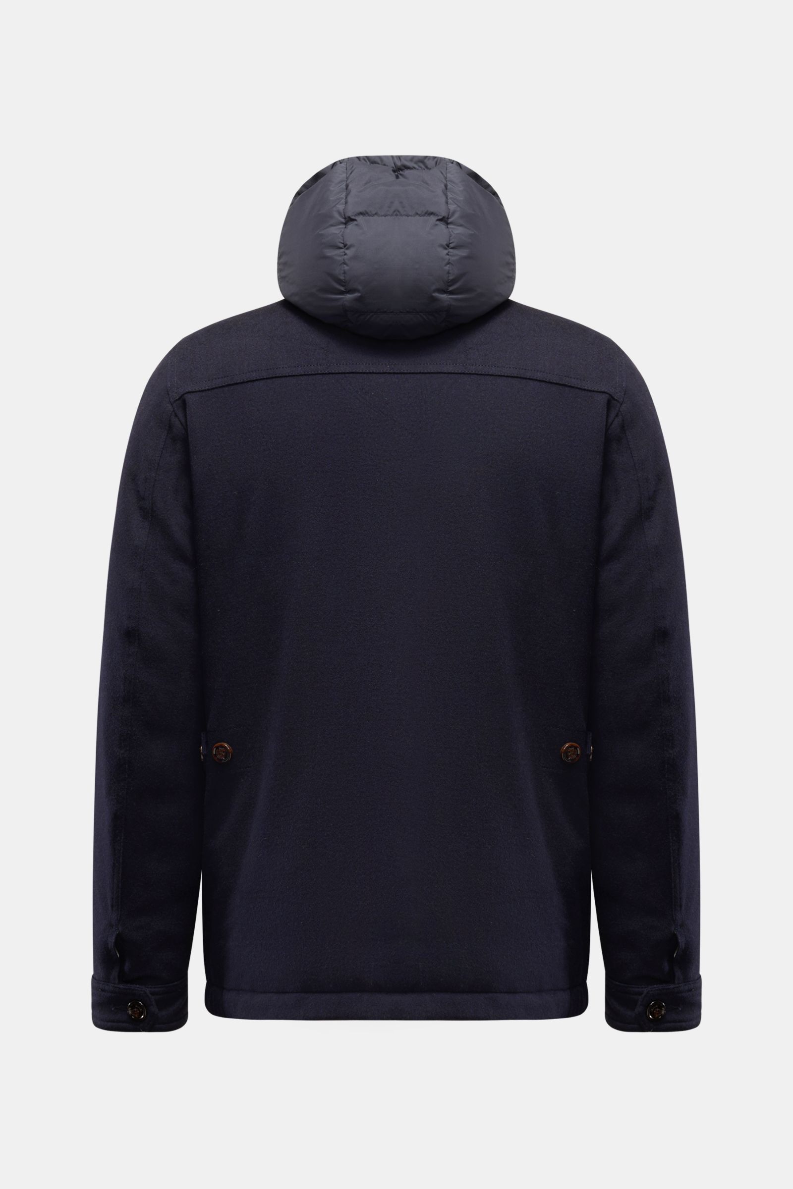 Moorer Daunenjacke 'Monti' navy Rückenansicht, Slim Fit, mit wasserabweisender Wolle-Cashmere-Mischung, Kapuze, Daunenfüllung bis –10 °C.