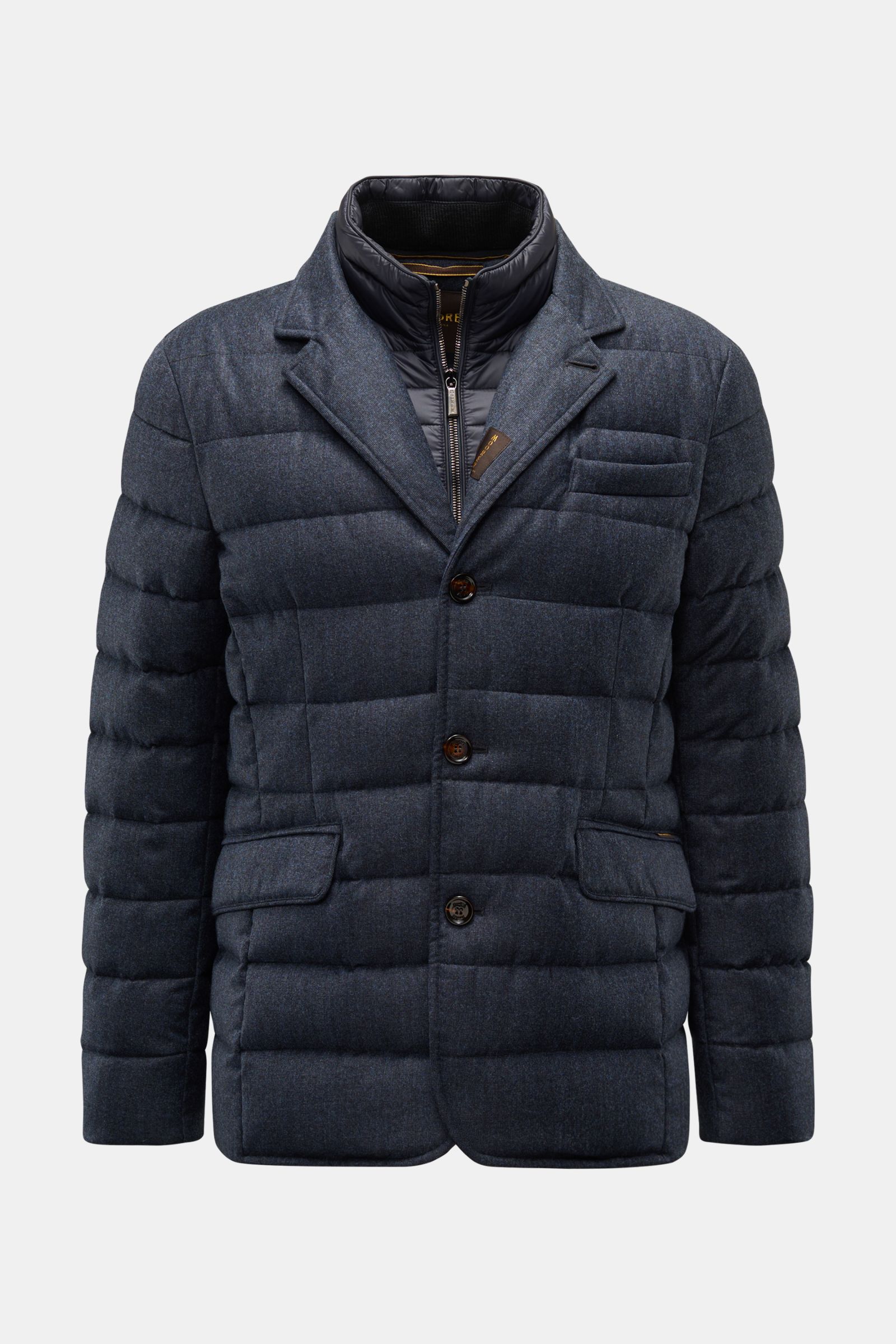 Moorer Daunenjacke 'Nomos' dark navy meliert, frontale Ansicht, gesteppter Blazer mit Slim Fit, Reverskragen, drei Knöpfen, Double-Front, reine Wolle, Gänsedaunenfüllung.