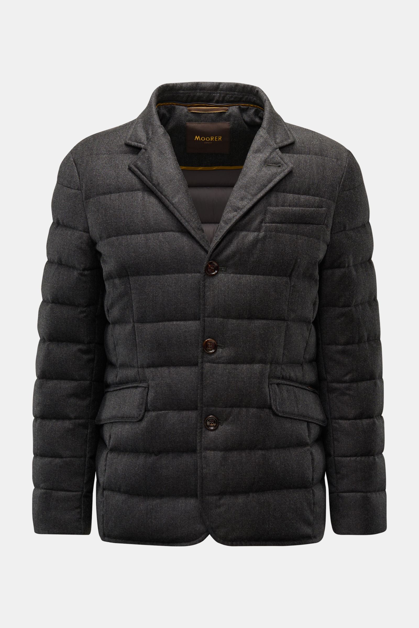 Moorer Daunenjacke 'Nomos' dunkelgrau meliert, frontale Ansicht, Slim Fit, reine Wolle, Gänsedaunenfüllung, herausnehmbare Double-Front, Drei-Knopf-Leiste, Reverskragen, Brust- und Hüfttaschen.